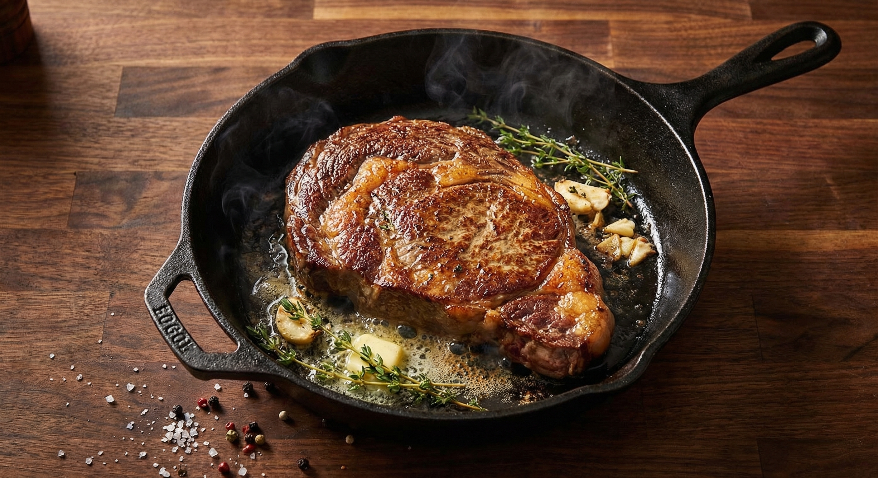 Thick-cut ribeye steak searing in a cast iron skillet with butter and herbs, showing a deep brown crust