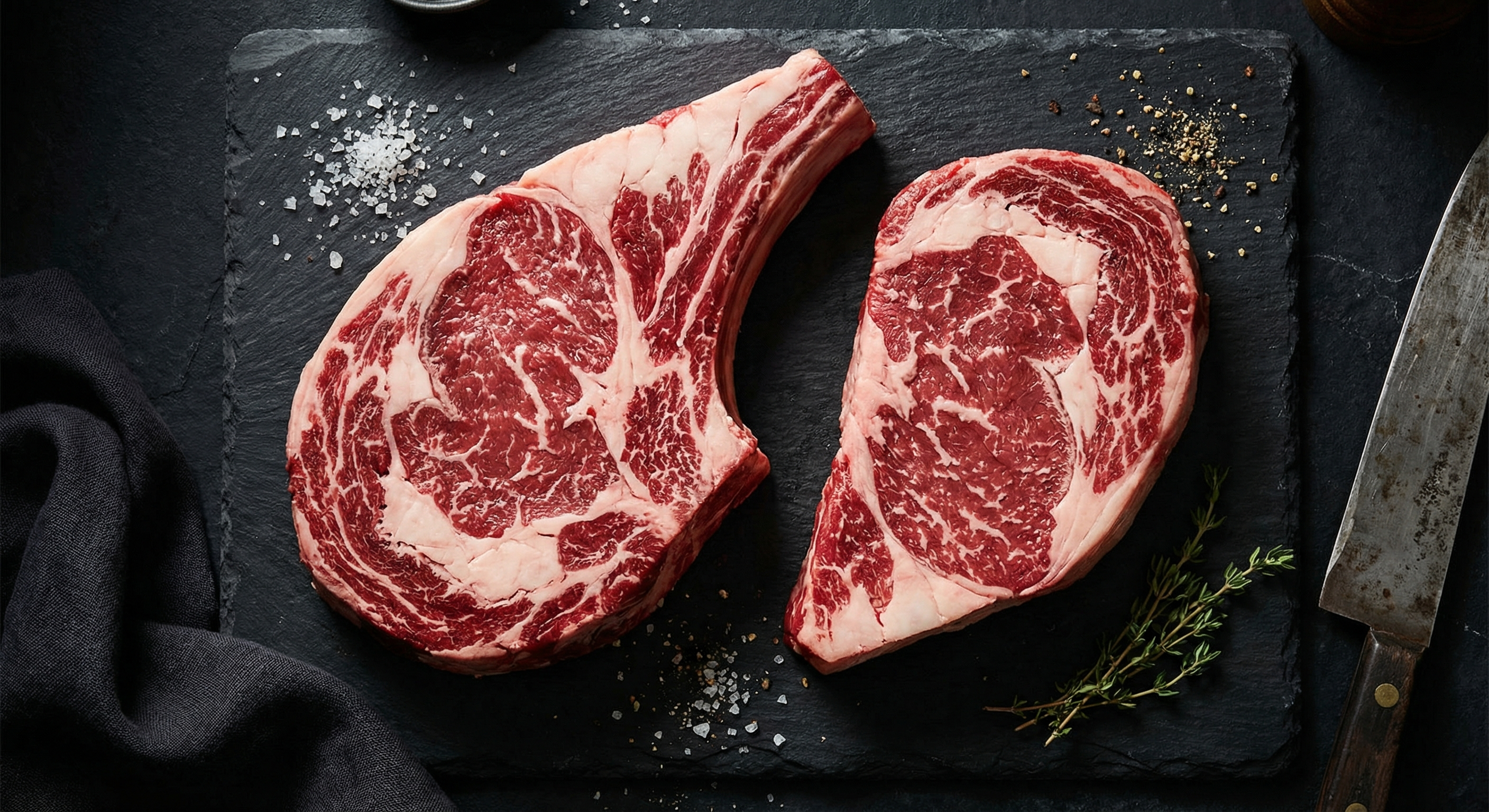 Bone-in ribeye and boneless ribeye steaks side by side on dark slate showing marbling differences