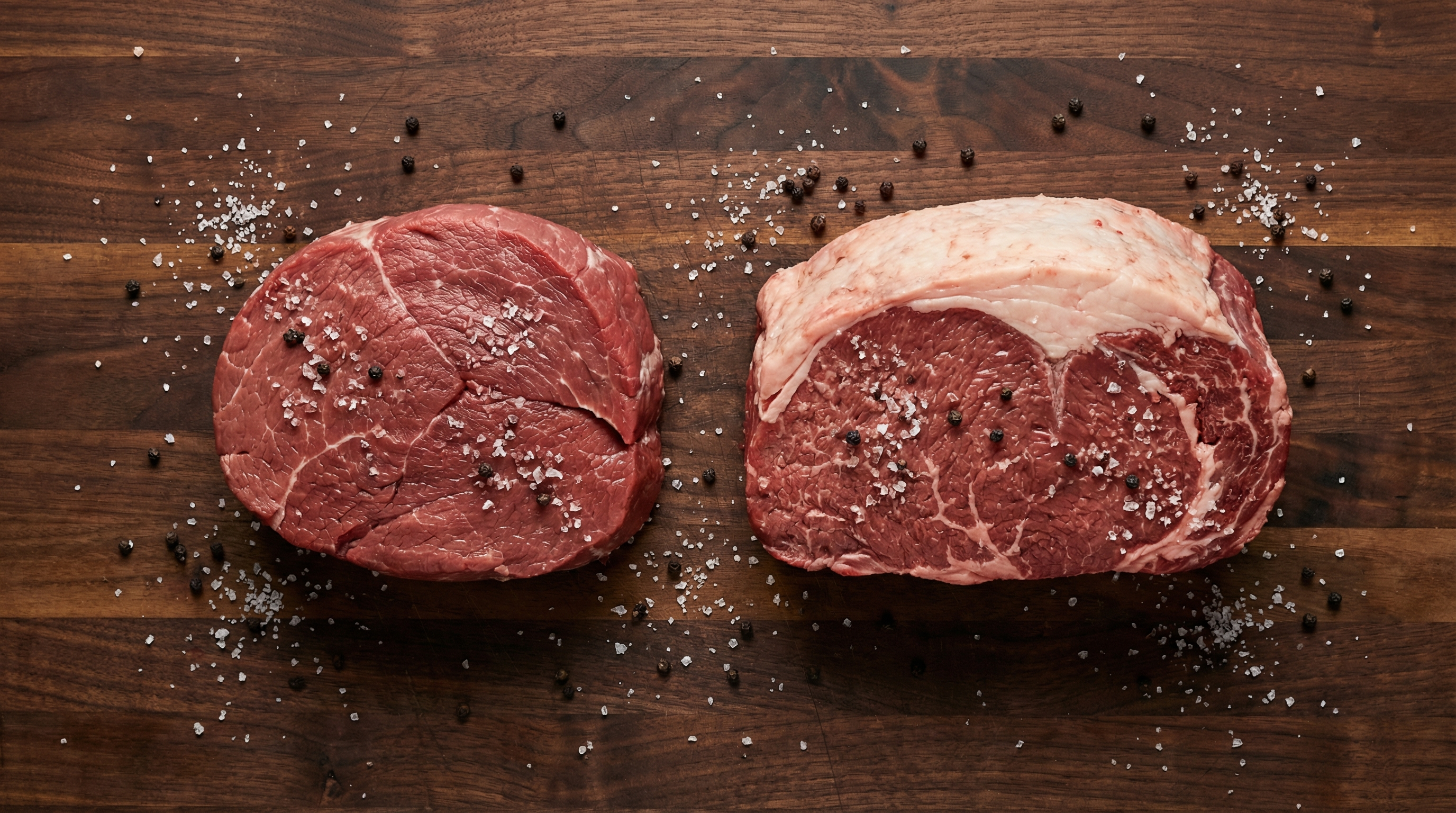 Raw top round and bottom round roasts side by side on dark walnut butcher block with coarse salt