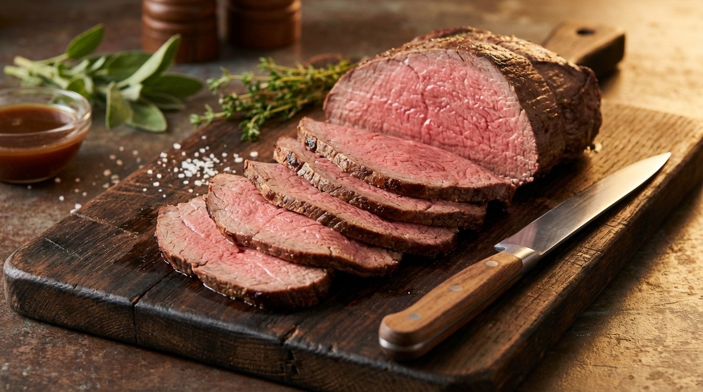 Sliced top round London broil showing pink medium-rare interior on dark cutting board