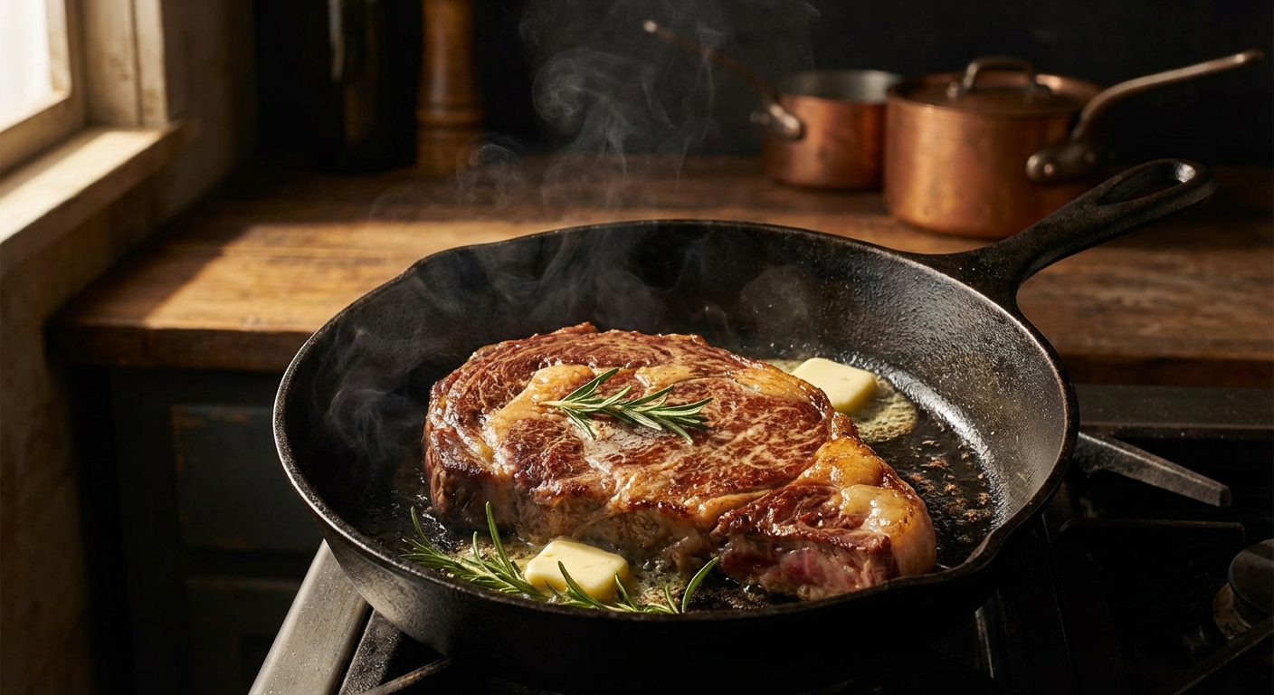 Chuck eye steak searing in cast iron skillet with butter and rosemary