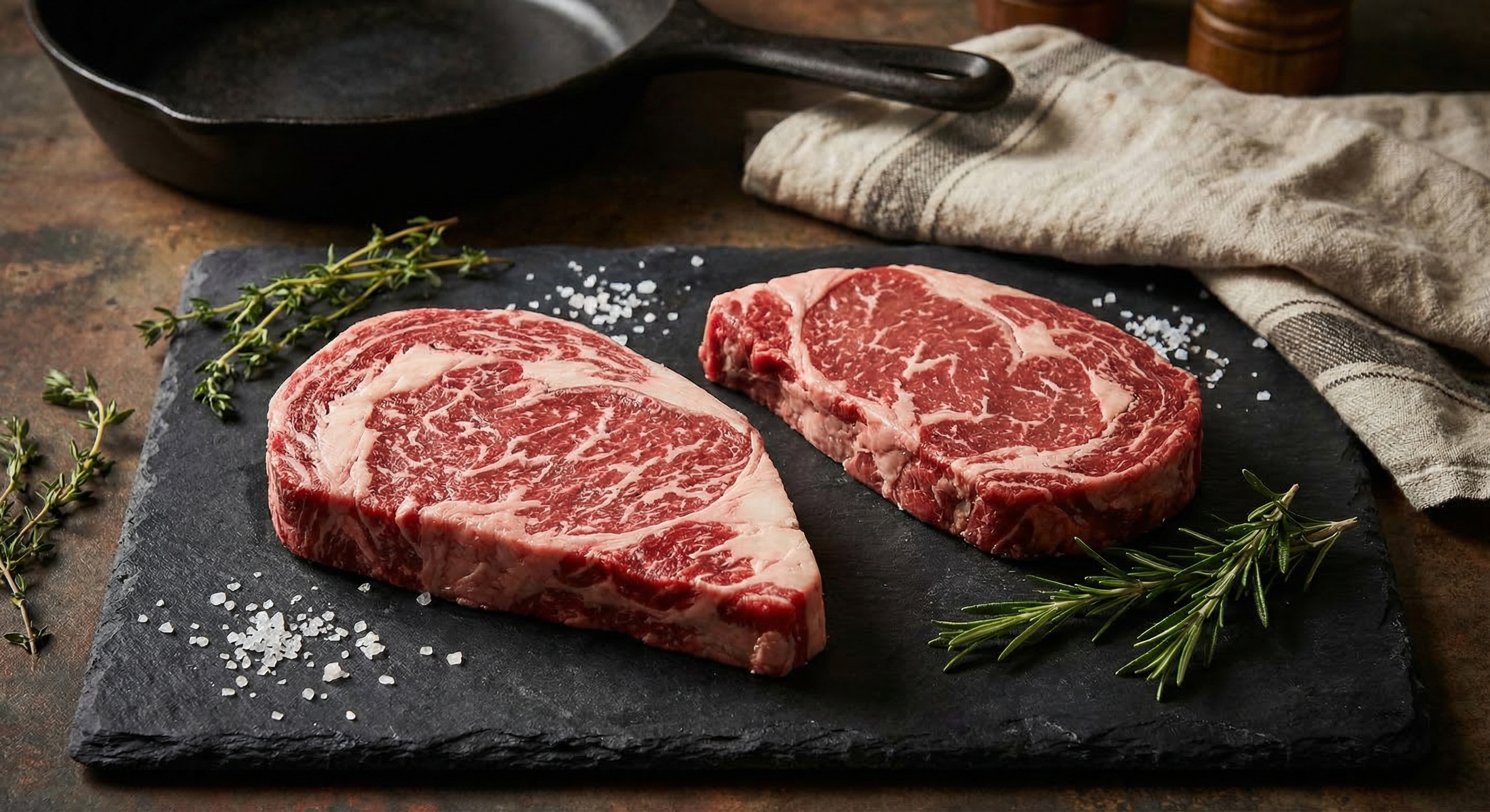 Chuck eye steak and ribeye steak side by side on dark slate showing marbling comparison
