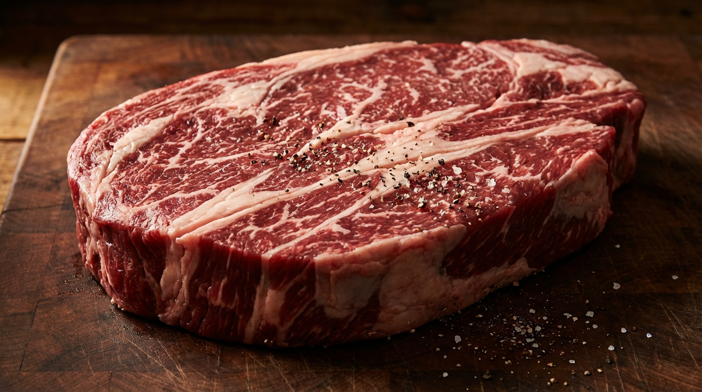 Close-up of raw beef chuck roast showing dense intramuscular marbling and connective tissue