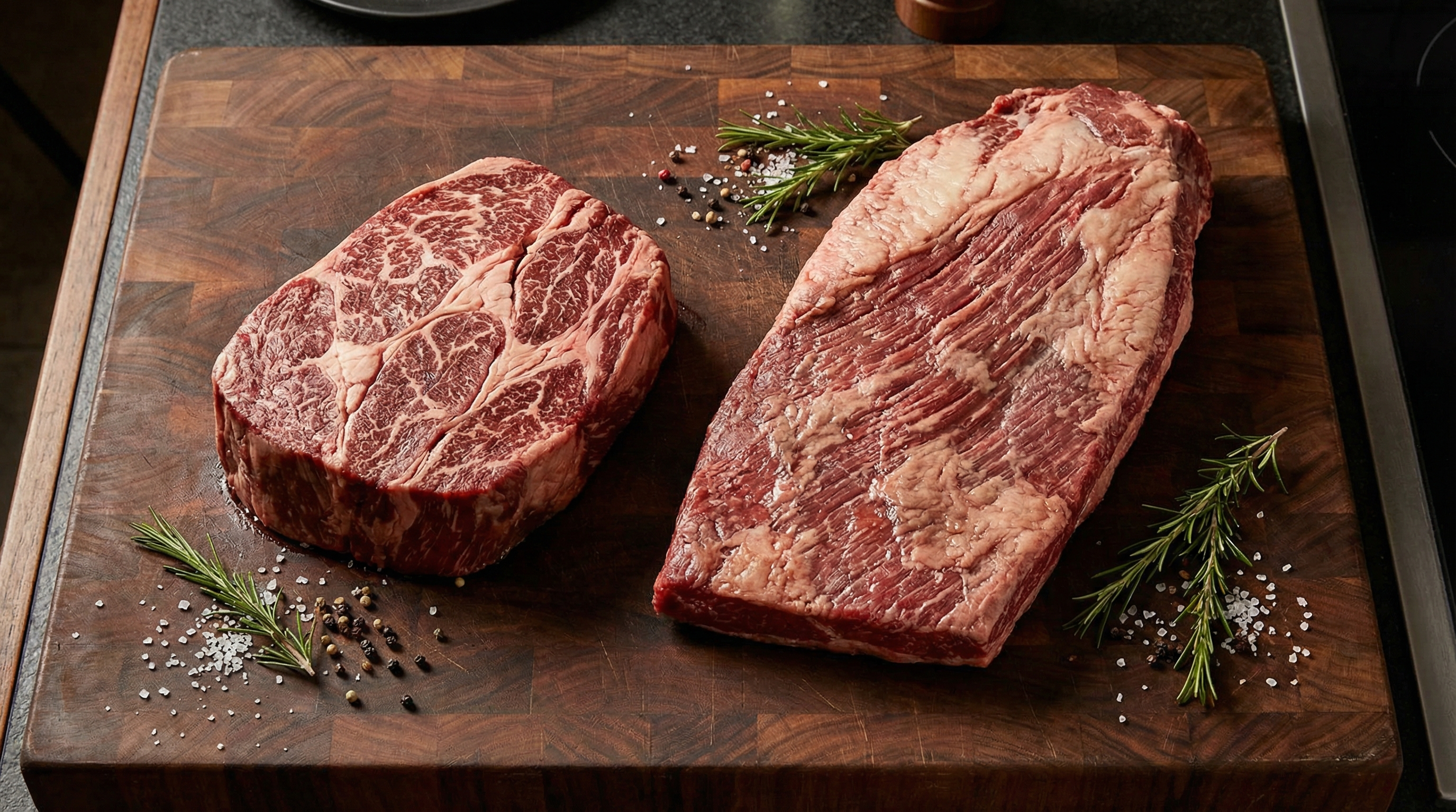 Beef chuck roast and whole brisket side by side on a dark wooden butcher block