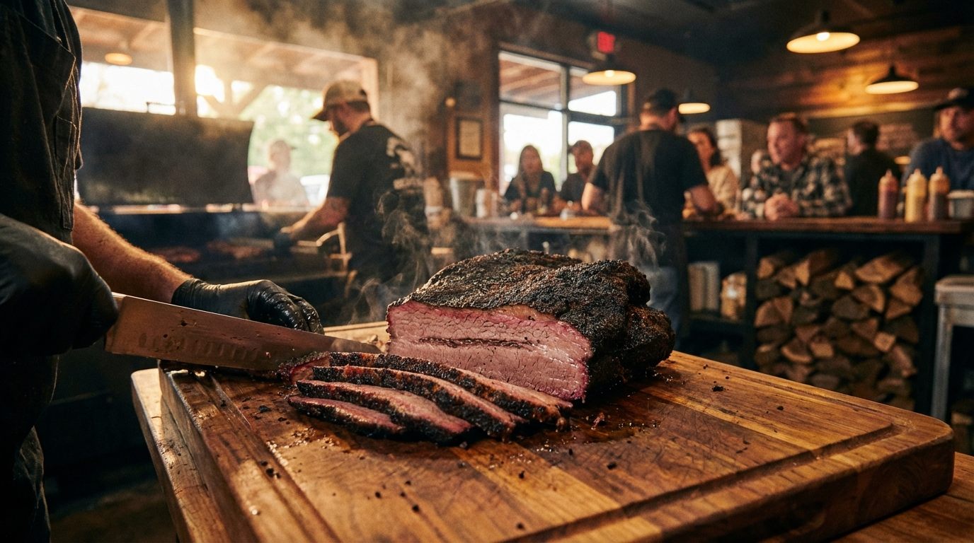 Smoked beef brisket with dark bark crust being sliced showing pink smoke ring
