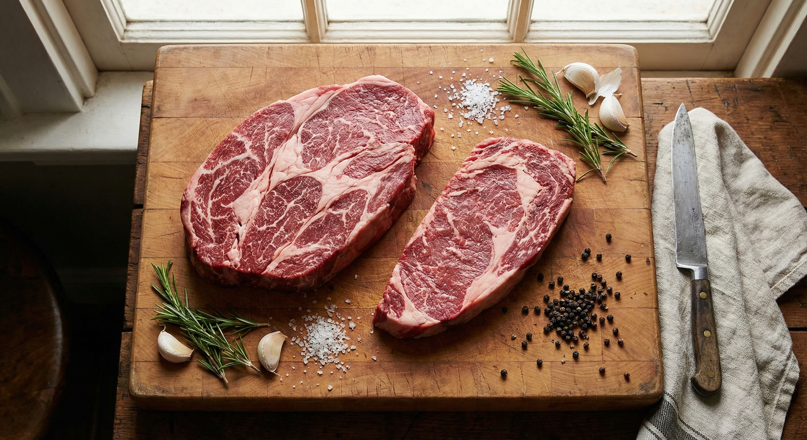 Chuck roast and chuck steak side by side on a butcher block cutting board
