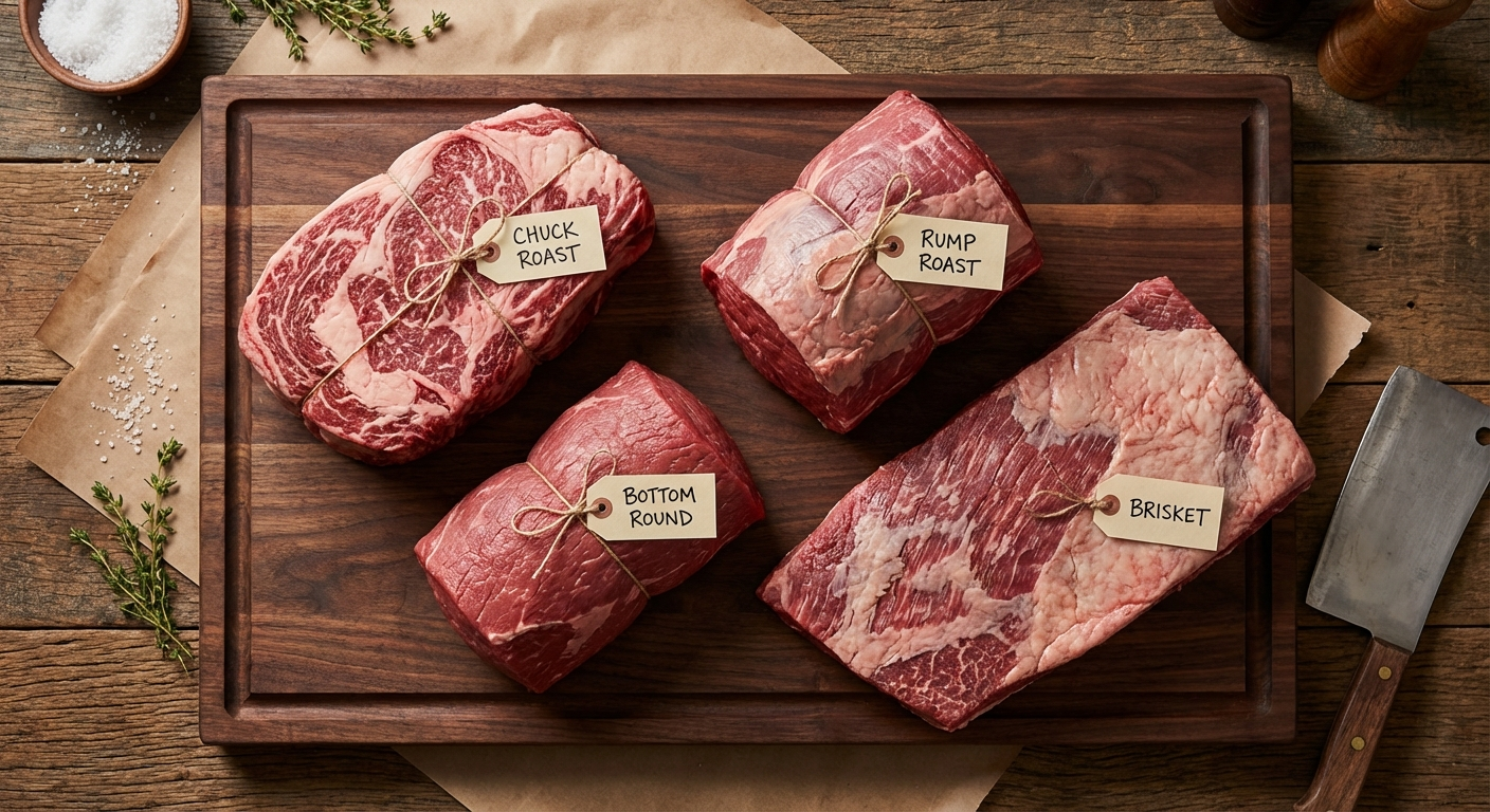 Arrangement of different beef roast cuts suitable for pot roast cooking method