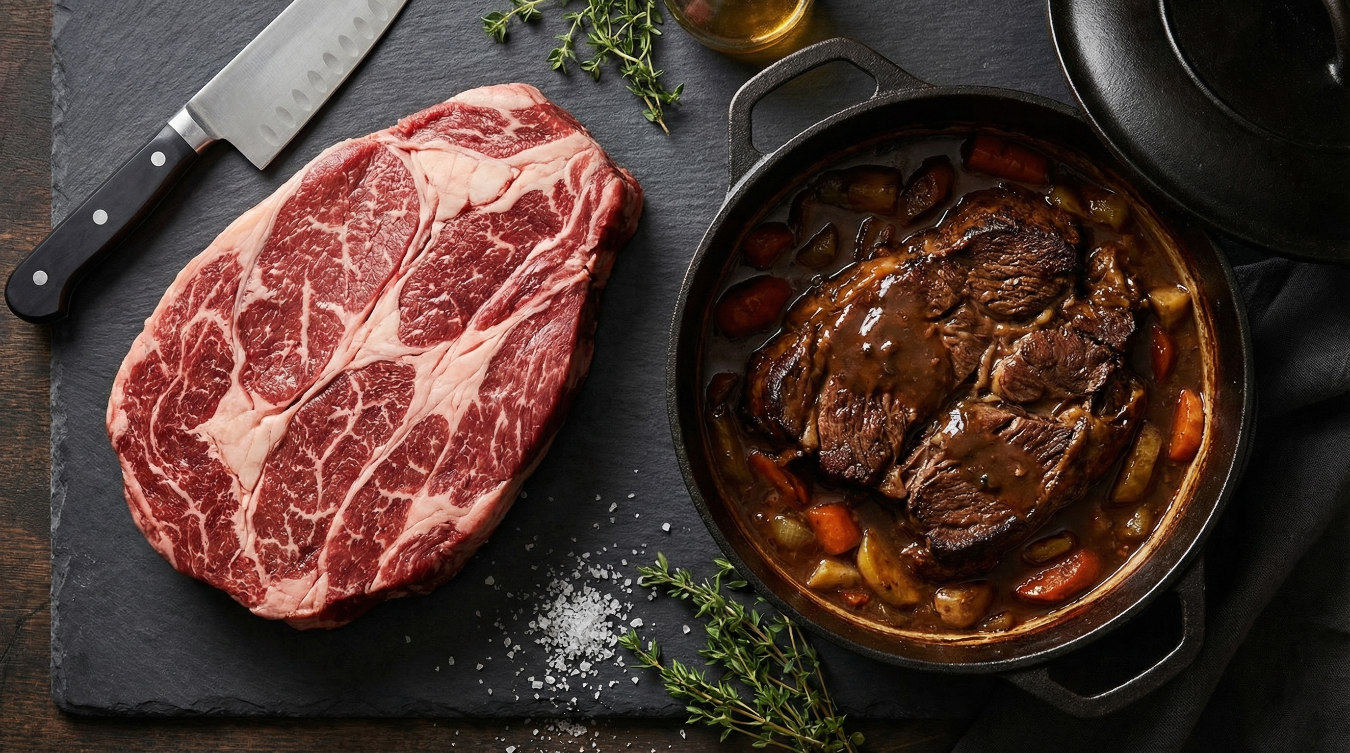 Raw beef chuck roast beside finished braised pot roast showing marbling and connective tissue transformation