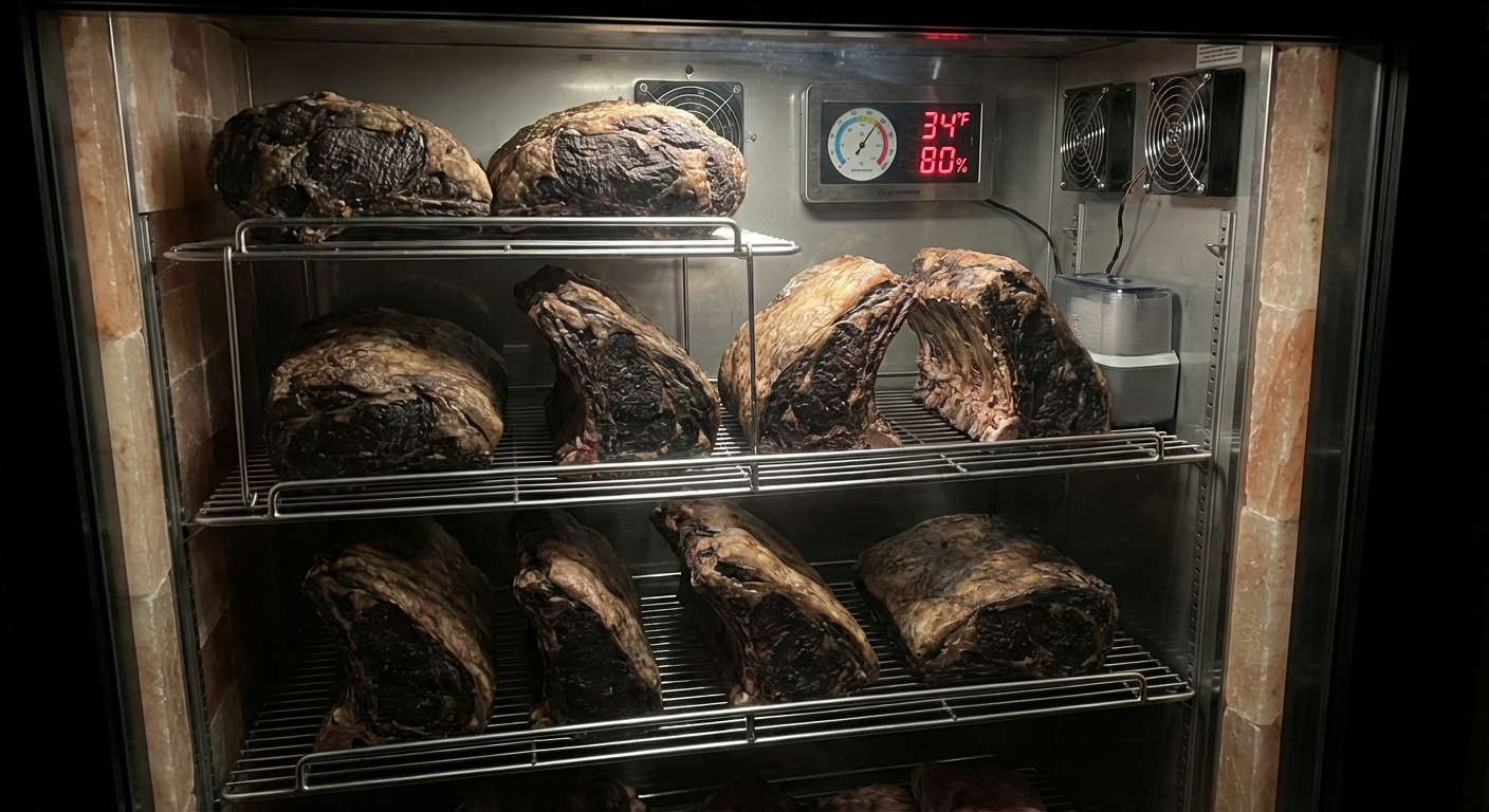 Dedicated dry aging fridge with beef primals on wire racks and temperature controls for home aging setup