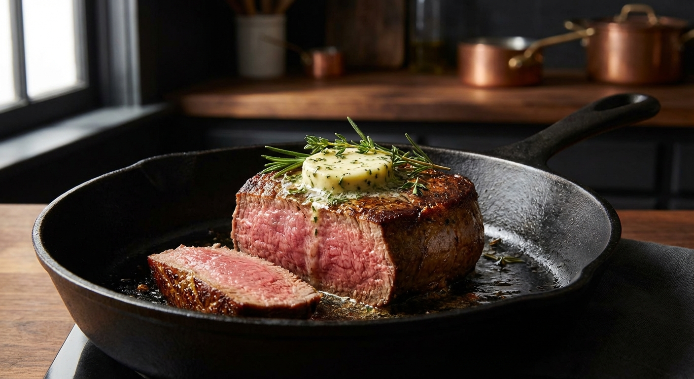 Filet mignon searing in a cast iron skillet with herb butter, showing a golden brown crust