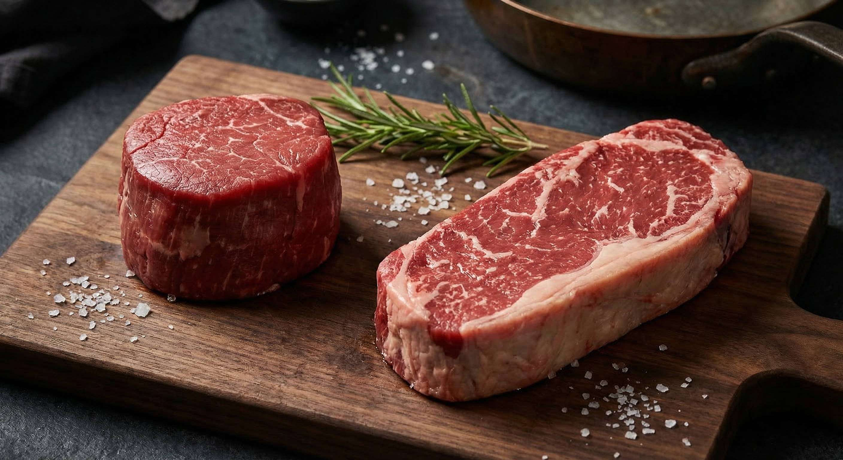 Filet mignon and New York strip steaks side by side on a cutting board showing differences in shape, size, and marbling