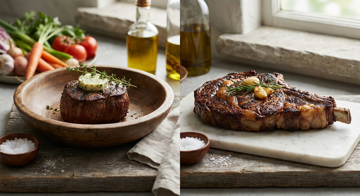 Filet mignon and ribeye steaks side by side showing differences in marbling and shape