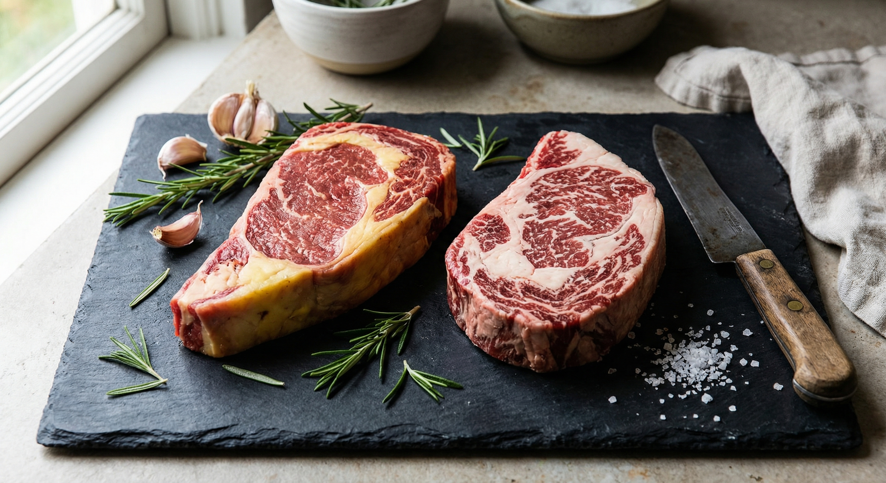 Side by side comparison of grass fed and grain fed beef steaks showing color and marbling differences