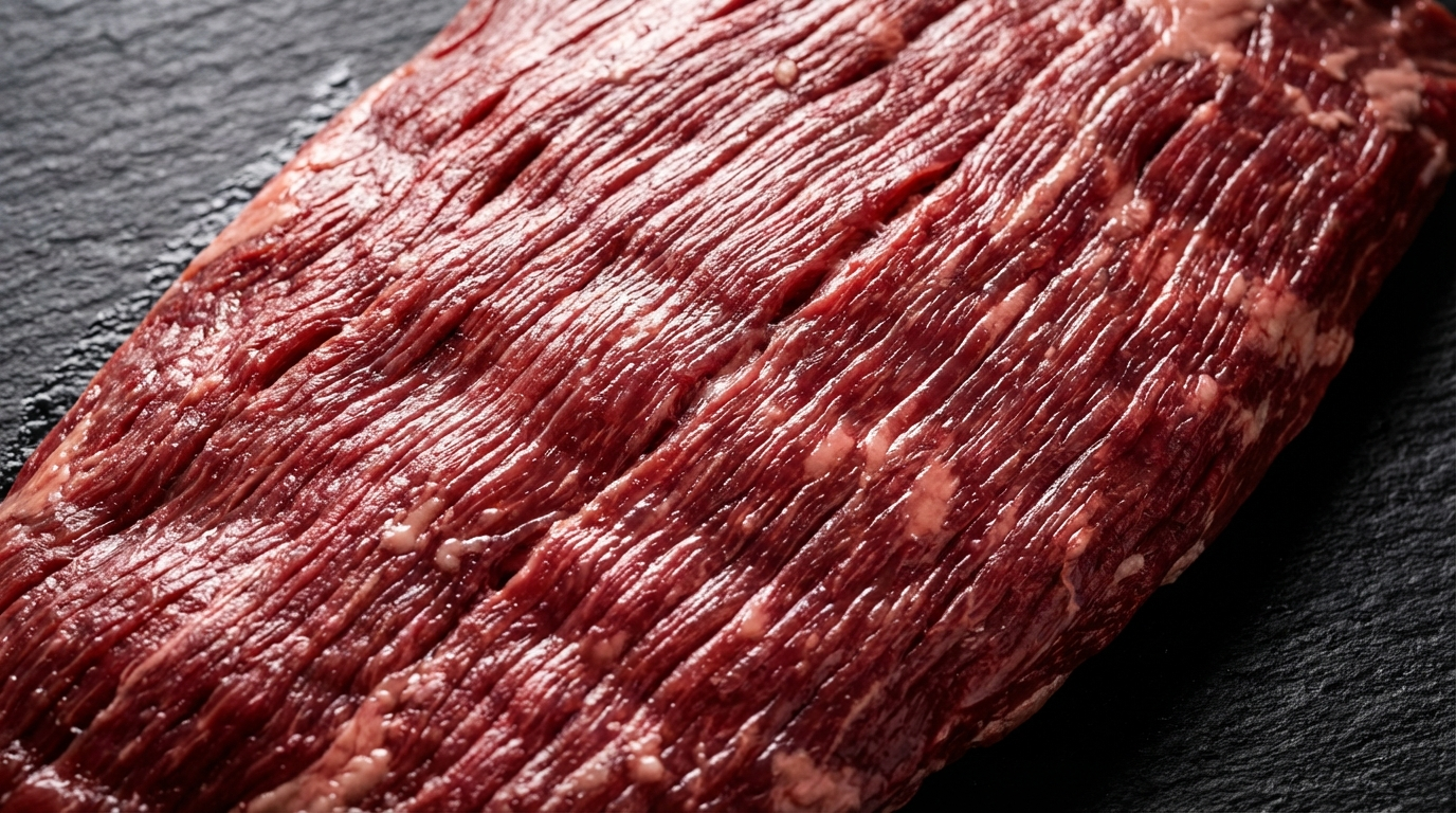 Close-up view of muscle grain direction in flank steak