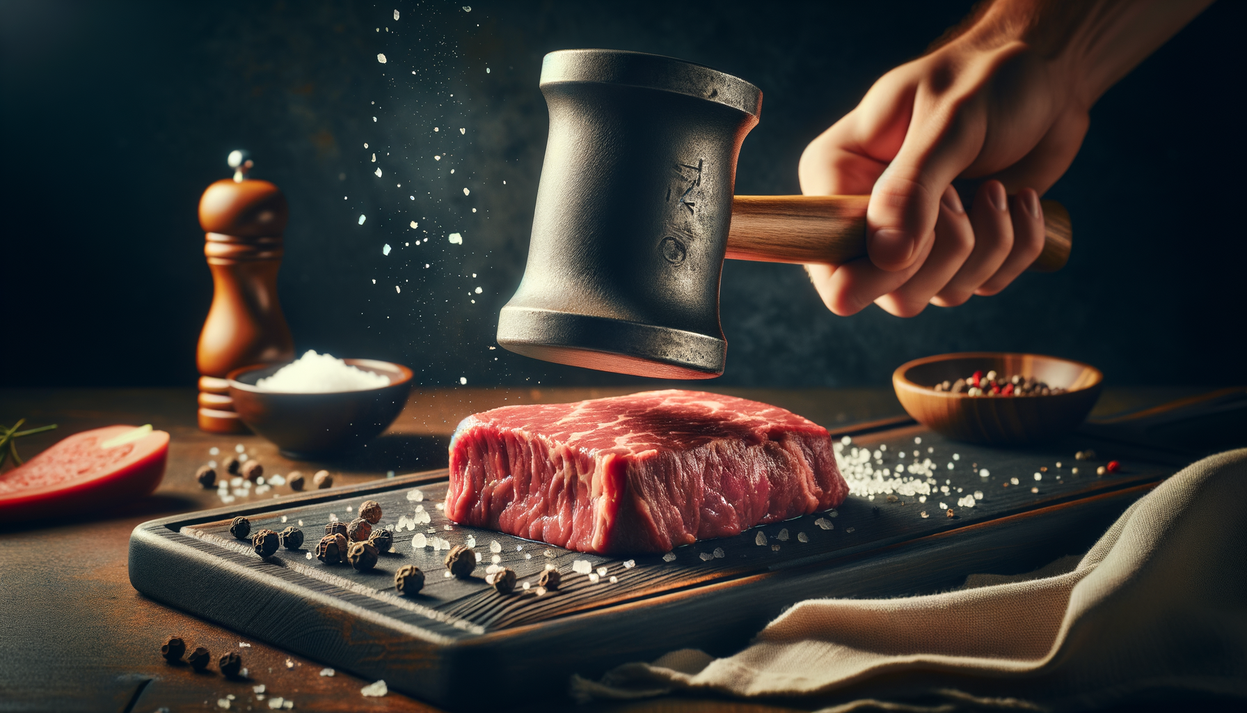 Raw steak being tenderized with a metal meat mallet on a dark wooden cutting board with coarse salt and pepper nearby