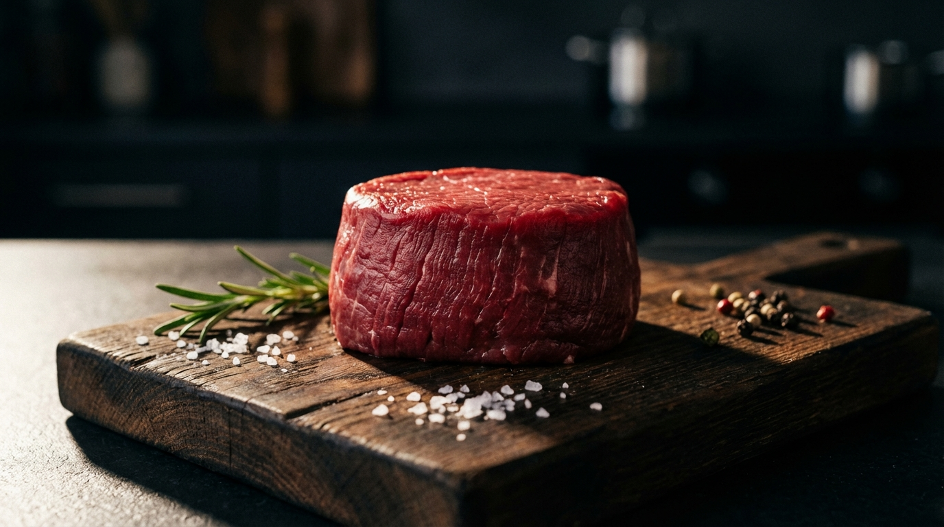 Raw filet mignon steak showing lean texture on dark cutting board