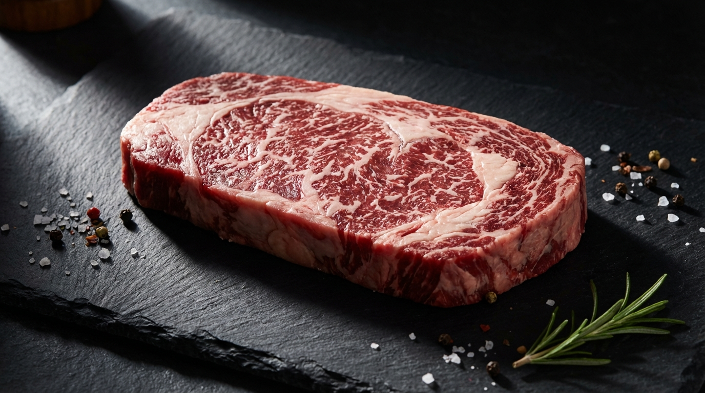 Raw flat iron steak showing uniform thickness and marbling from the chuck shoulder