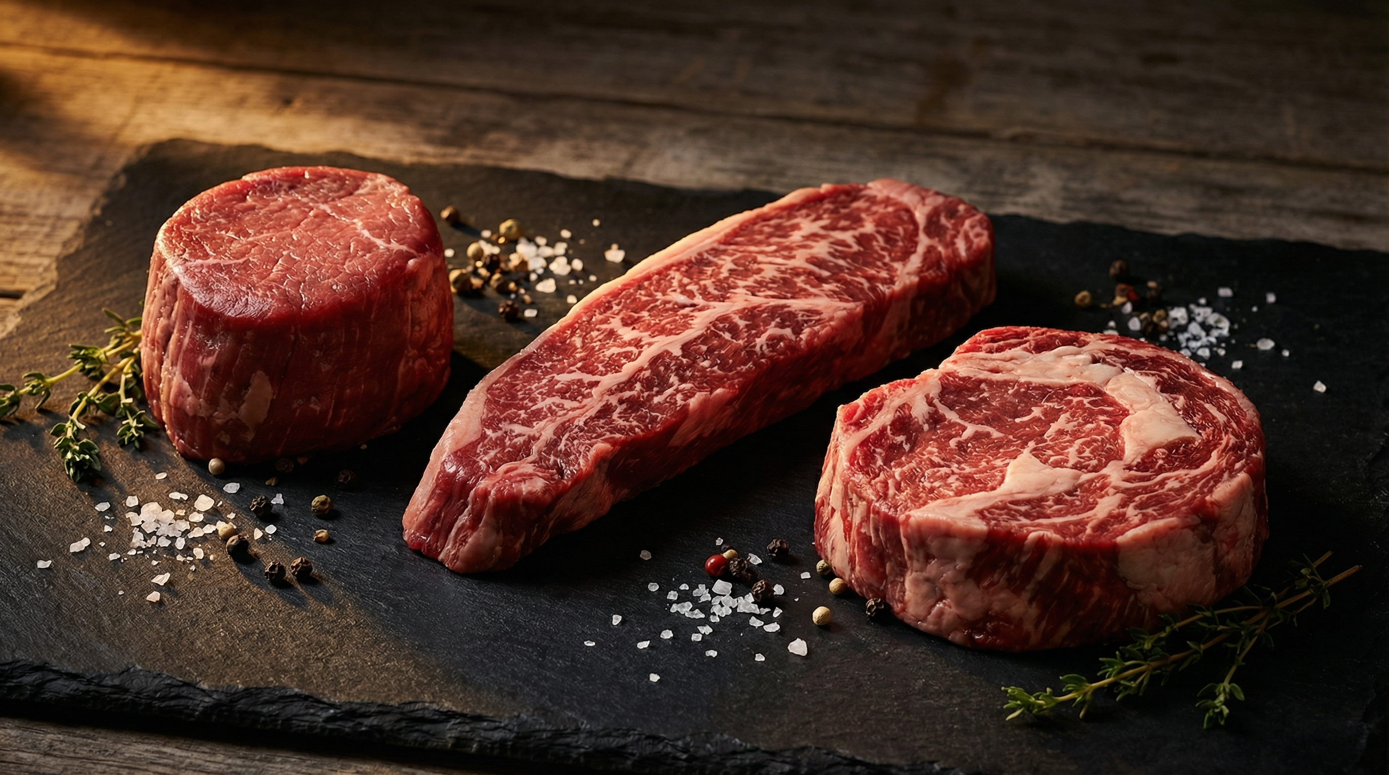 Assortment of the most tender beef cuts including filet mignon flat iron and ribeye cap on dark slate