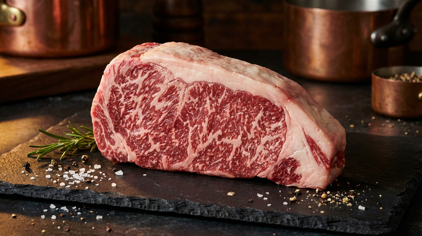 USDA Prime New York strip steak showing marbling and fat cap on dark surface