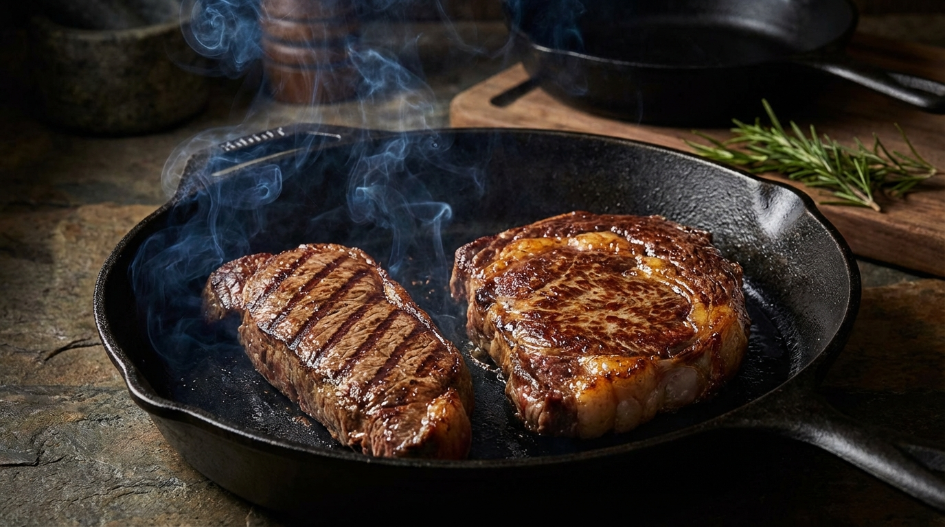 Two grilled steaks on cast iron showing different fat rendering between strip and ribeye