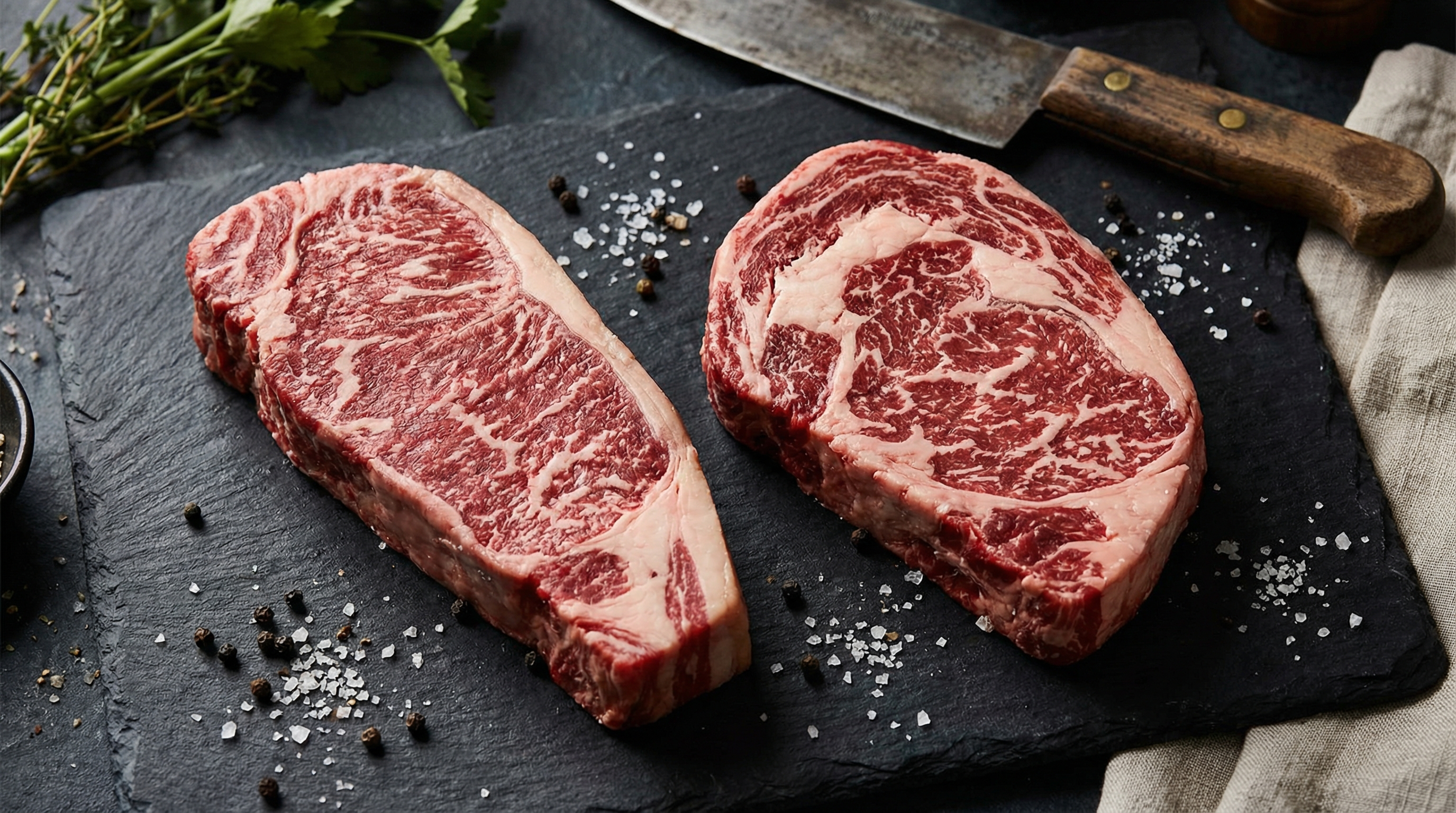 Raw New York strip and ribeye steaks side by side on dark slate showing marbling differences