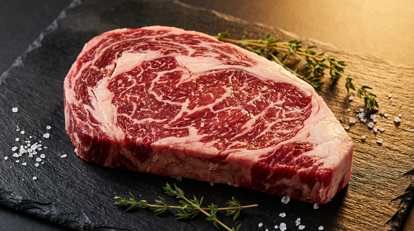 Ribeye steak cross-section revealing rich intramuscular fat marbling and spinalis cap