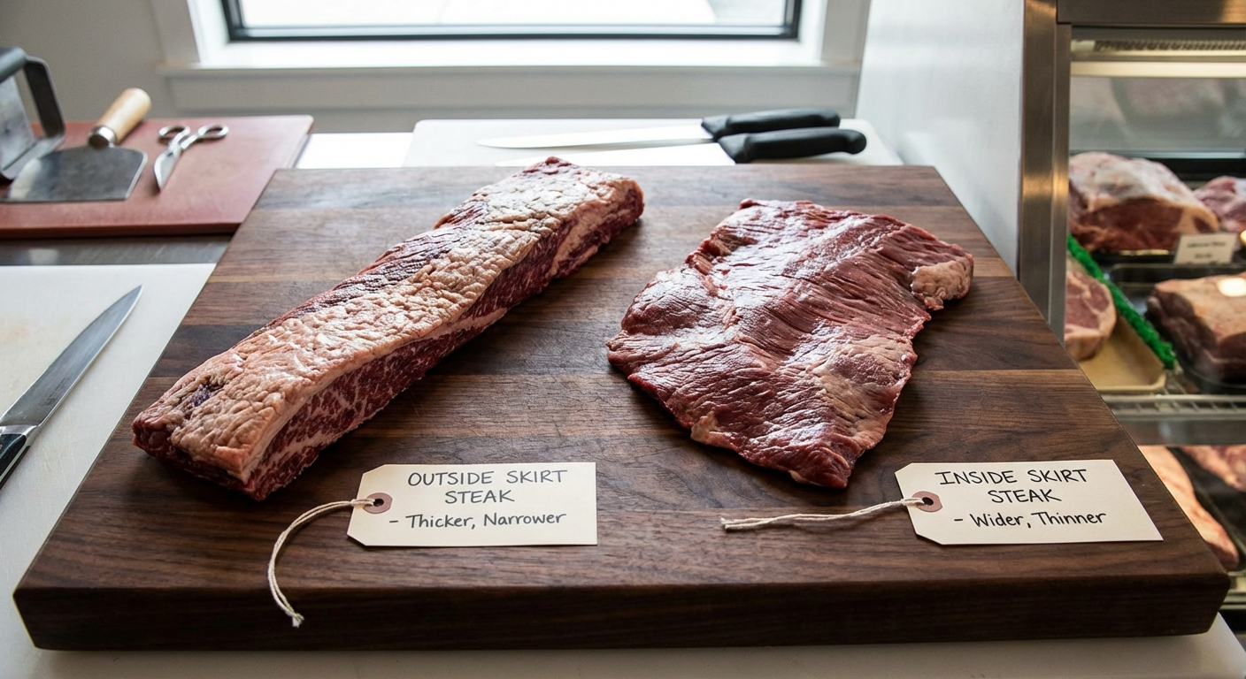 Side-by-side comparison of outside skirt and inside skirt steak showing size and thickness differences on a cutting board