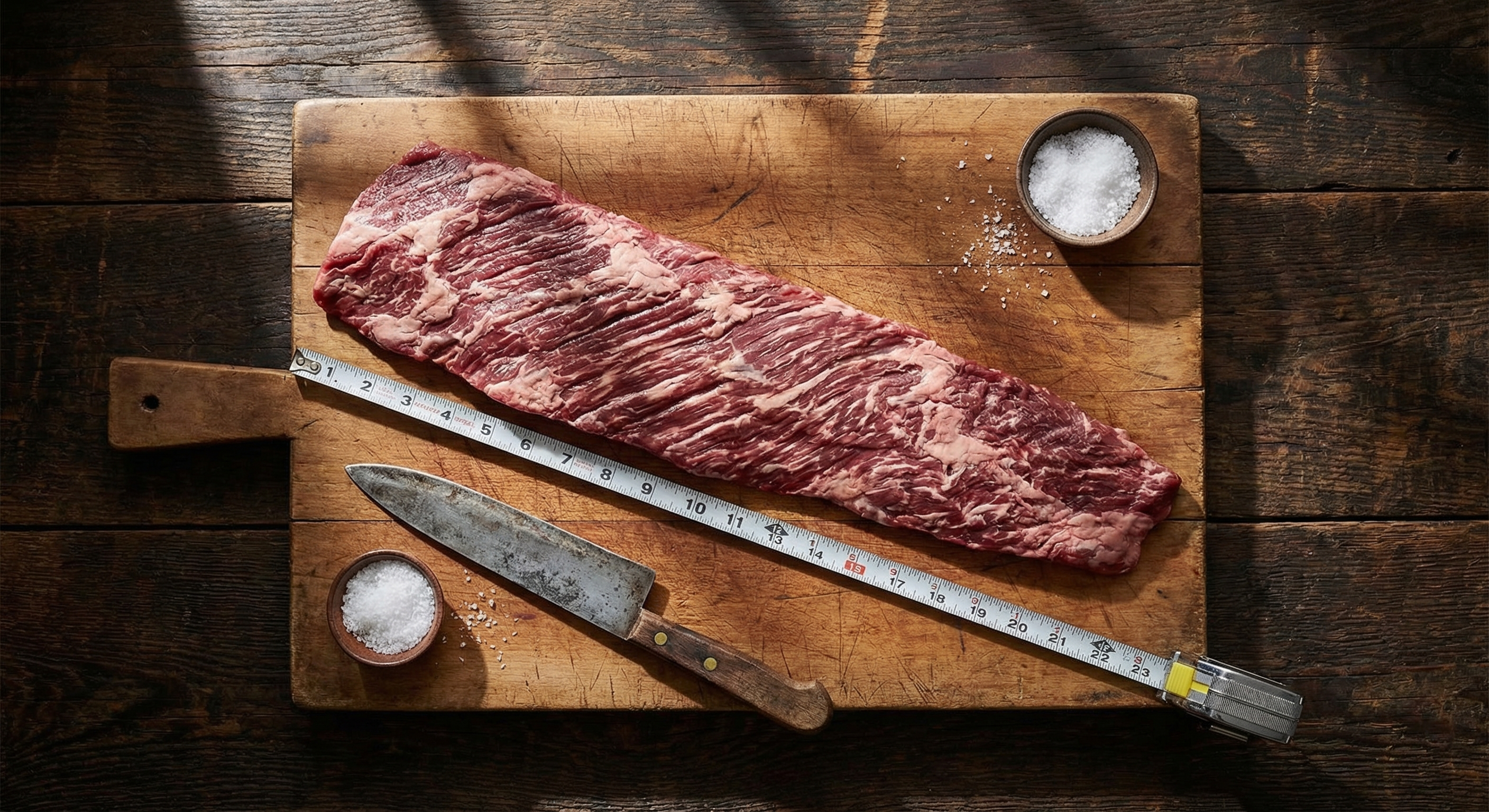 Outside skirt steak on a butcher cutting board with measuring tape showing length and width, top-down view with visible grain and marbling