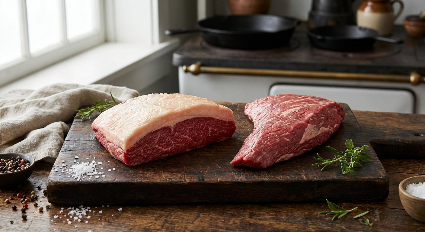 Raw picanha steak with fat cap and triangular tri-tip steak side by side on a dark wooden cutting board