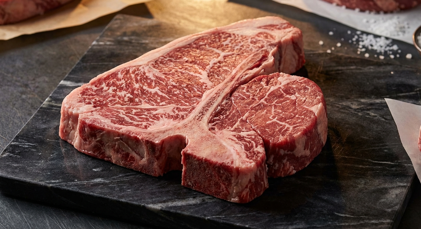 Cross-section of a raw porterhouse steak showing the T-bone separating strip and tenderloin portions