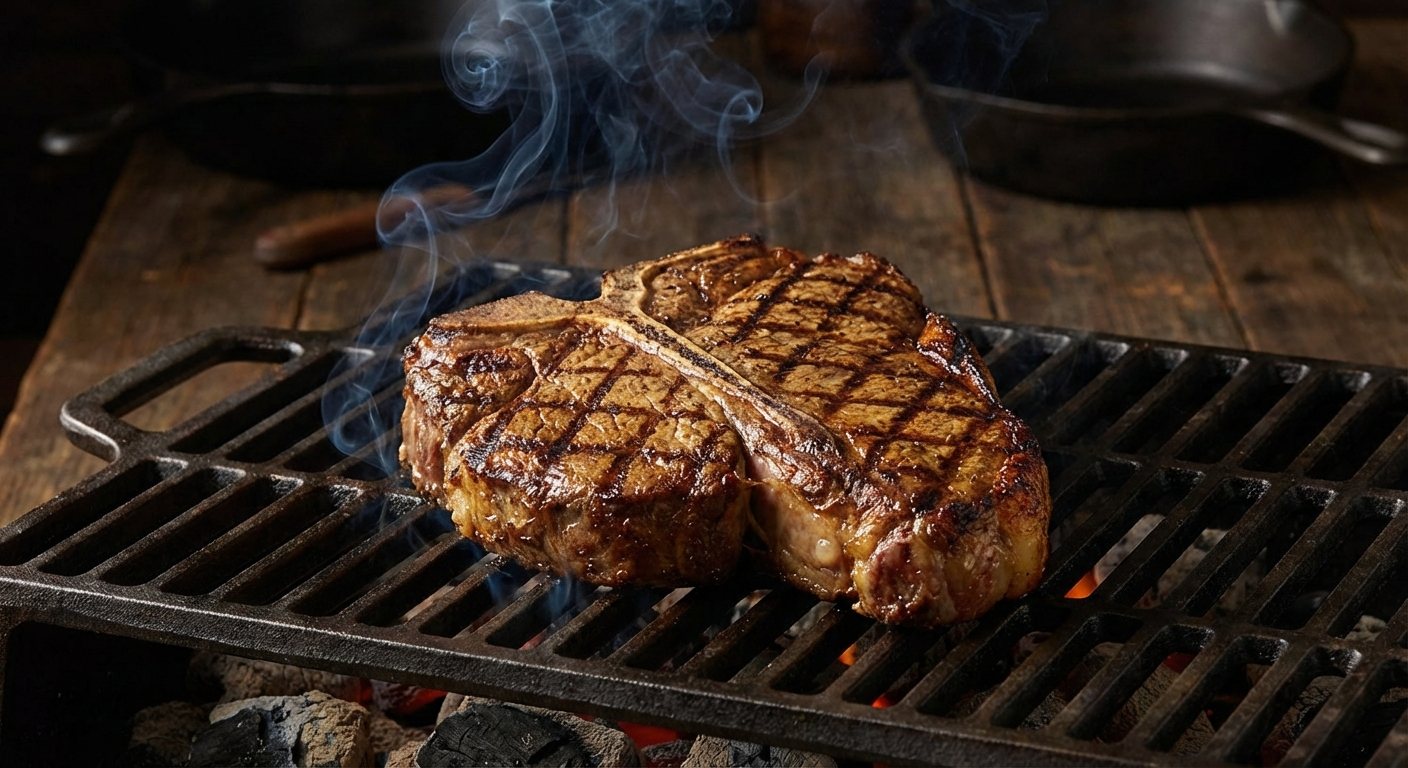 Thick-cut porterhouse steak with golden sear marks on a cast iron grill grate with wisps of smoke