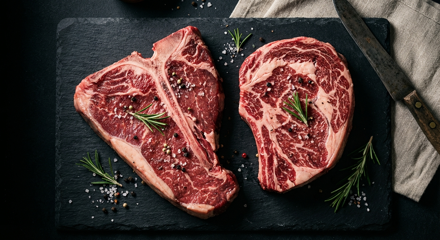 Raw porterhouse and ribeye steaks side by side on dark slate cutting board showing marbling differences