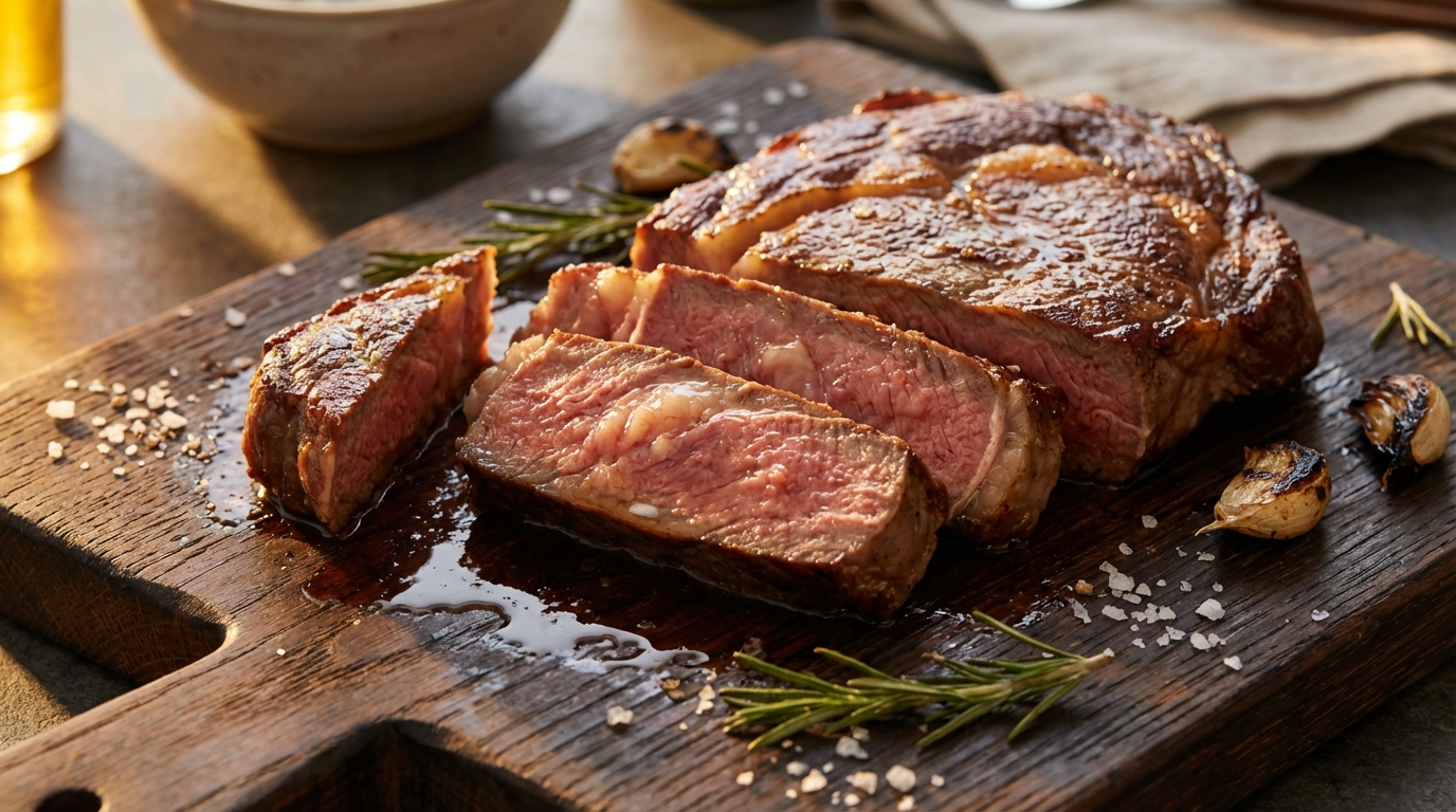 Sliced medium-rare ribeye steak showing rich marbling and pink interior on dark board