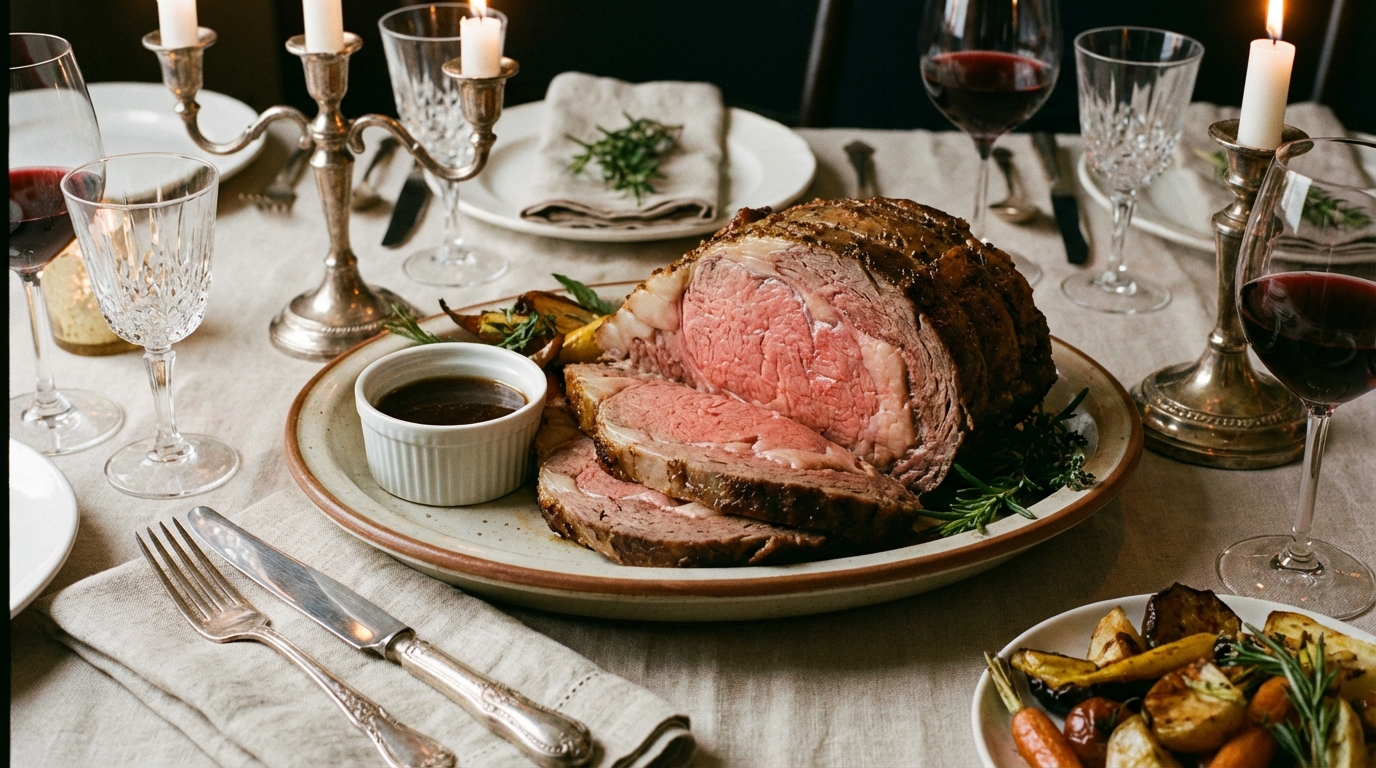 Sliced prime rib roast showing pink medium-rare gradient with au jus on serving platter
