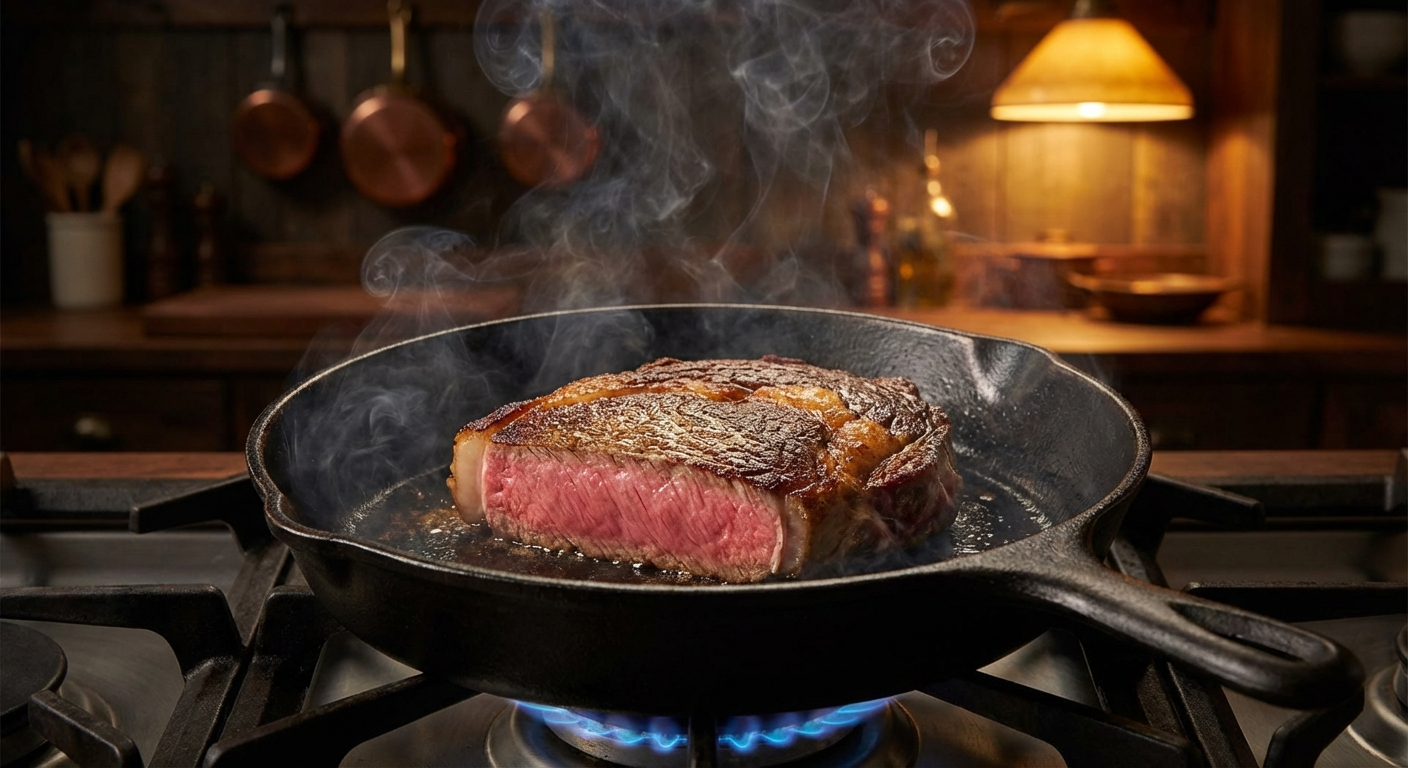 Thick-cut ribeye steak being reverse seared in a smoking hot cast iron skillet showing perfect golden brown crust and edge-to-edge pink interior