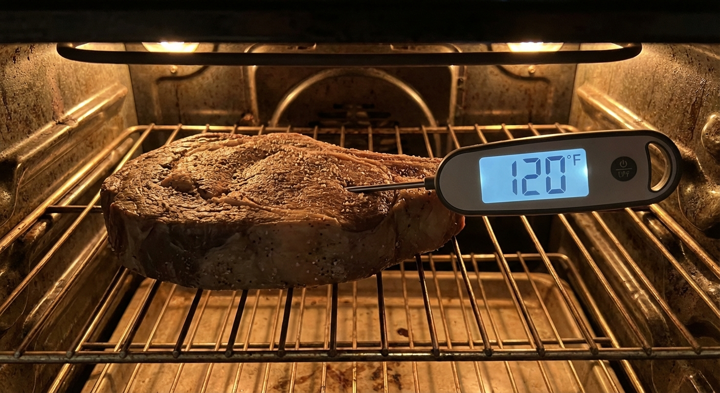 Digital instant-read meat thermometer inserted into a thick steak on a wire rack inside an oven showing internal temperature