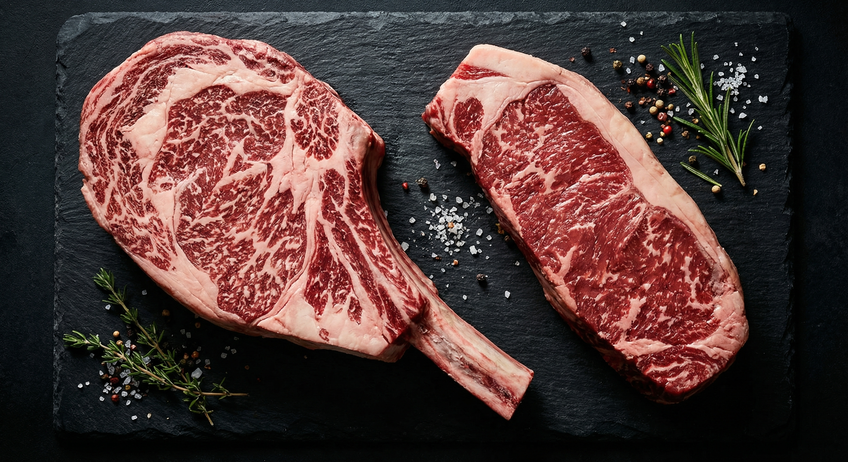Ribeye steak and New York strip steak side by side on a dark slate surface showing marbling differences