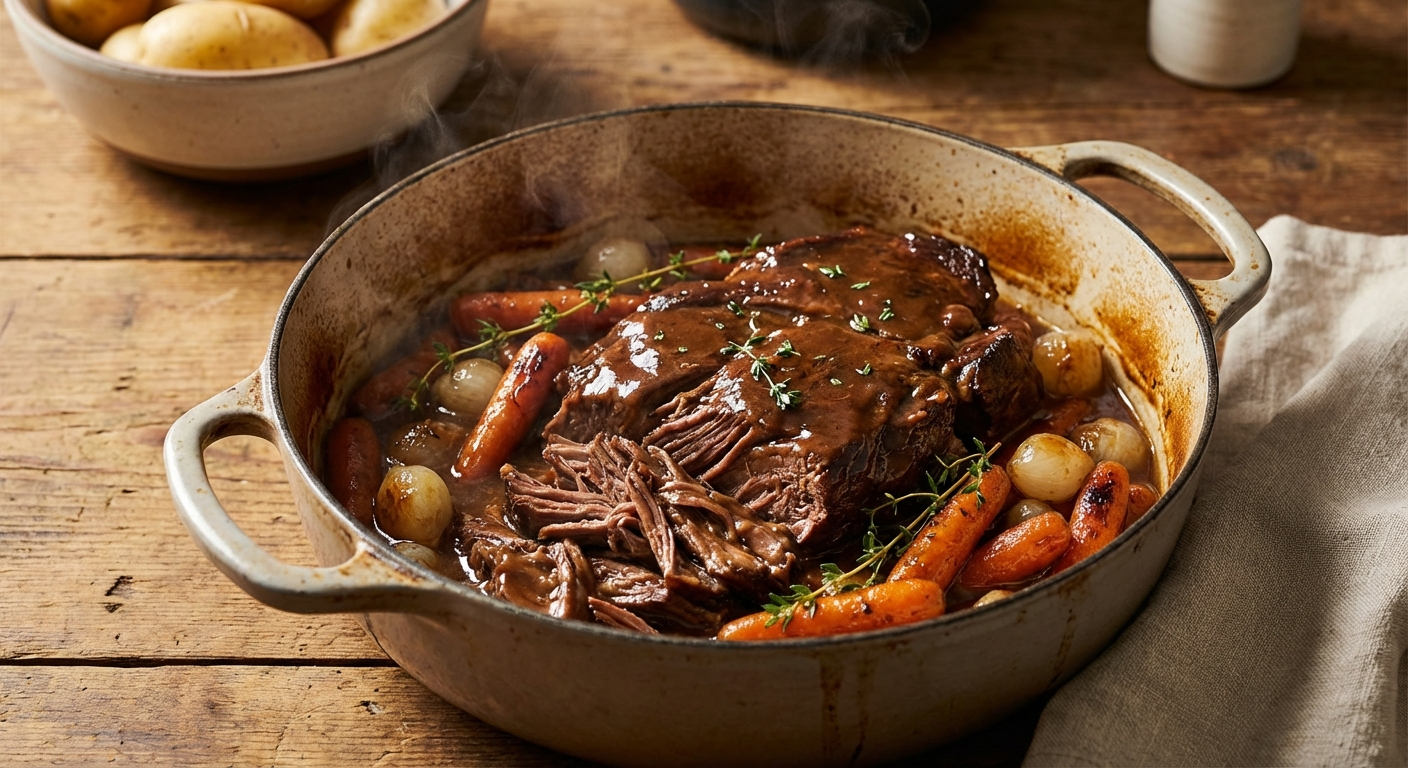 Braised chuck roast falling apart with rich gravy in a Dutch oven