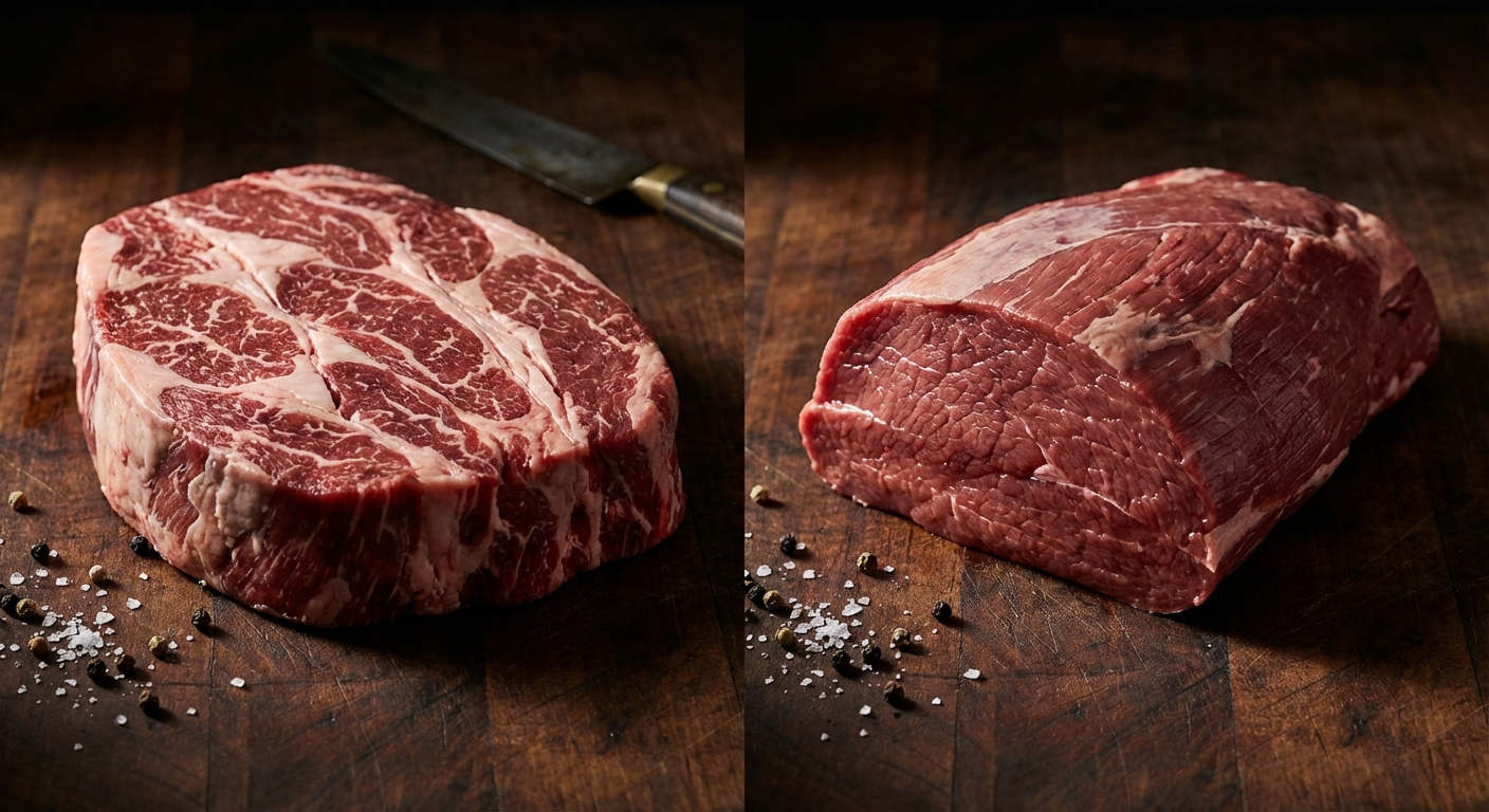 Side-by-side comparison of rump roast and chuck roast showing differences in marbling and fat content
