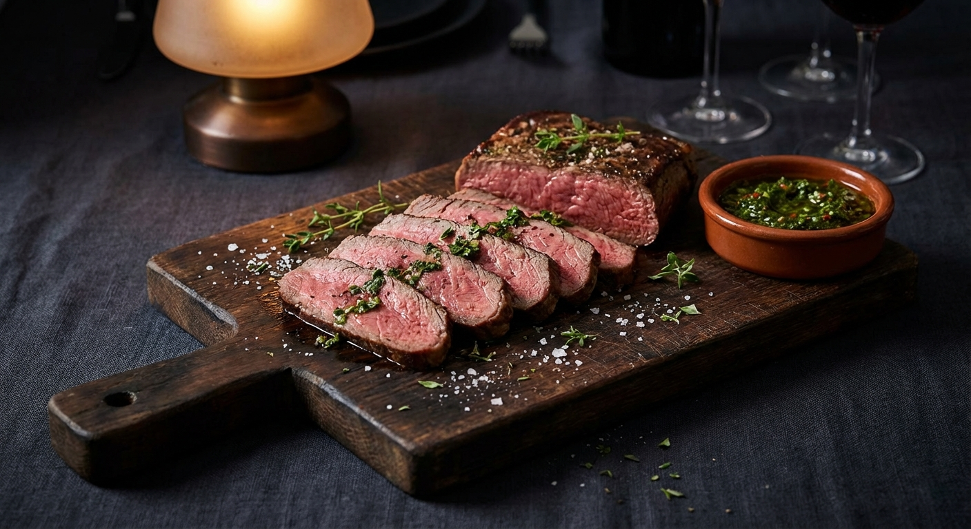 Sliced sirloin tip steak cooked medium-rare with pink interior, cut against the grain on dark cutting board with chimichurri