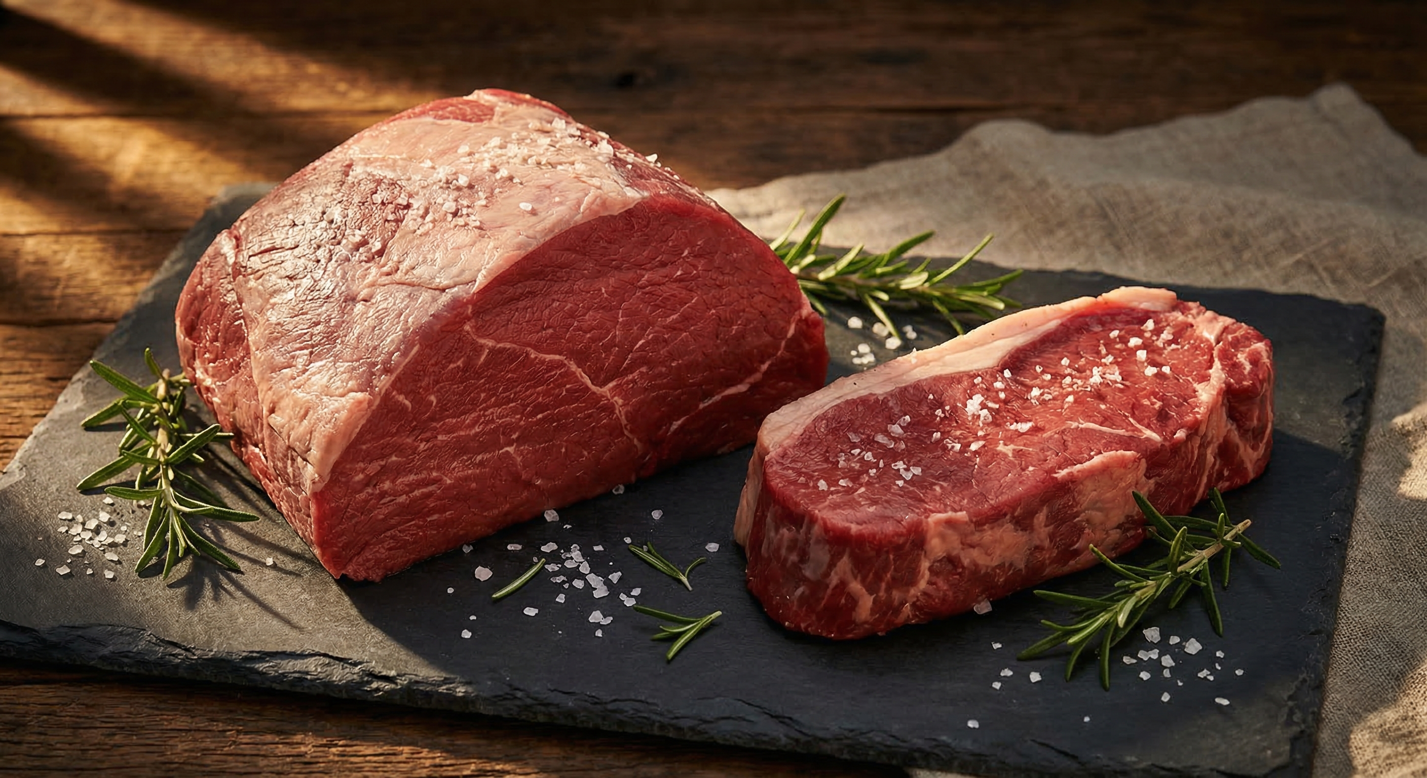 Raw sirloin tip roast and top sirloin steak side by side on dark slate surface with rosemary and coarse salt