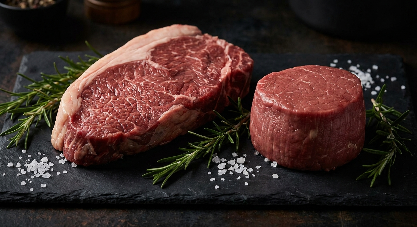 Raw top sirloin steak and filet mignon side by side on dark slate cutting board showing size and marbling differences
