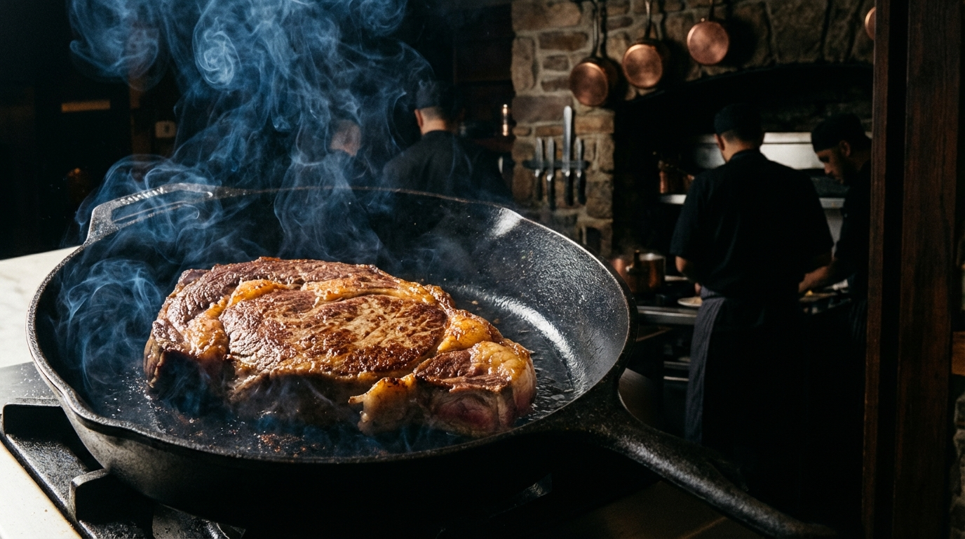 Sirloin steak searing in a hot cast iron skillet with golden brown crust forming