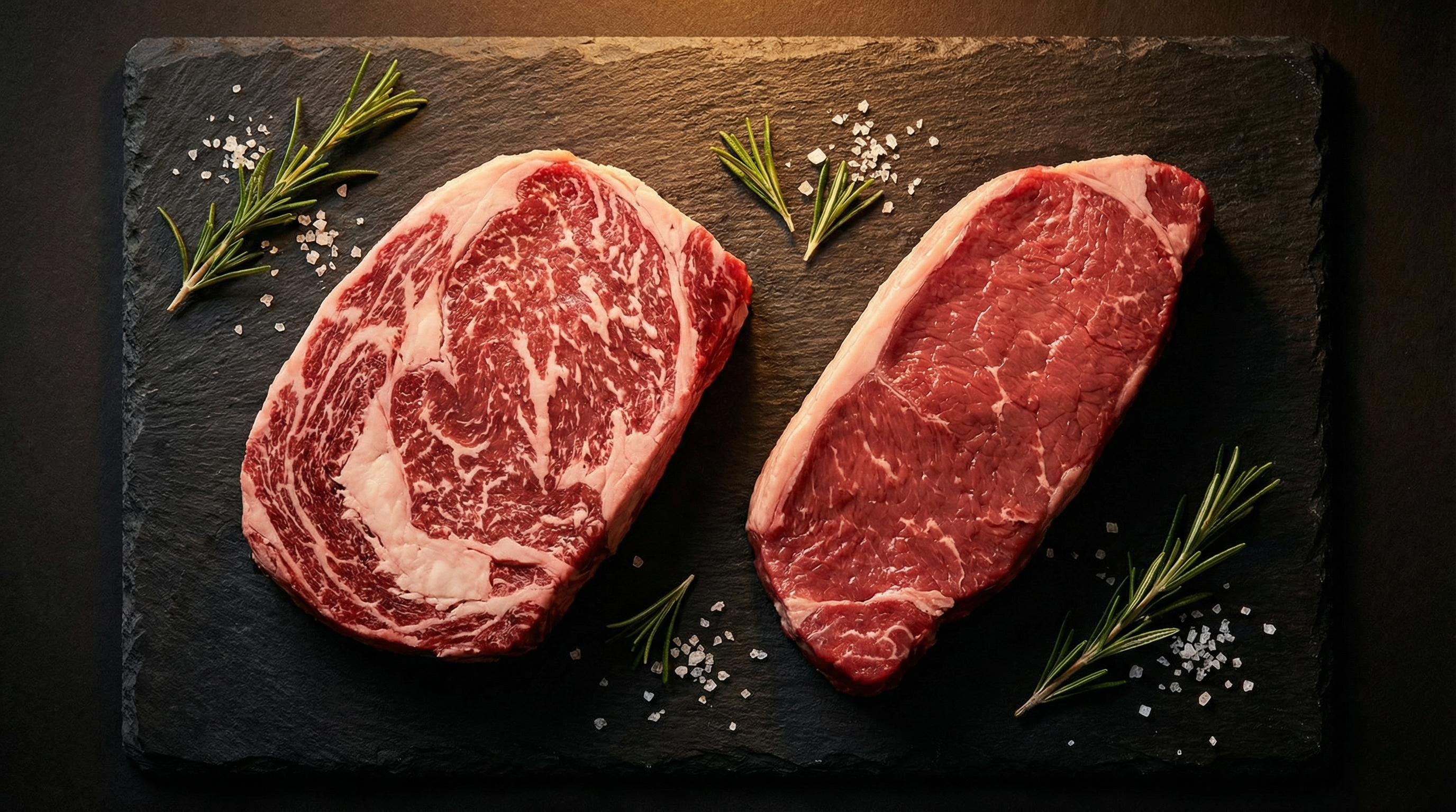 Raw ribeye and sirloin steaks side by side on dark slate showing marbling differences