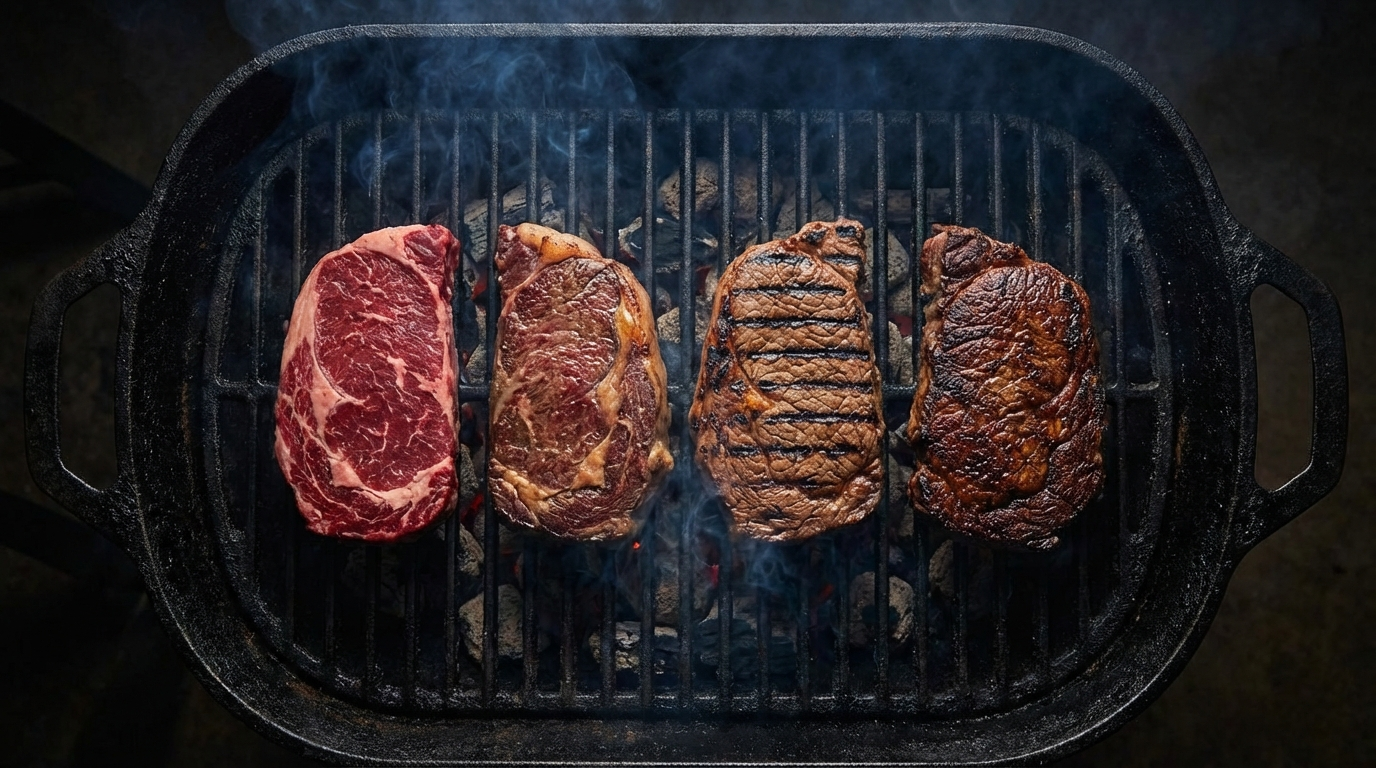 Four steaks on a cast iron grill showing different cooking stages from raw to fully cooked