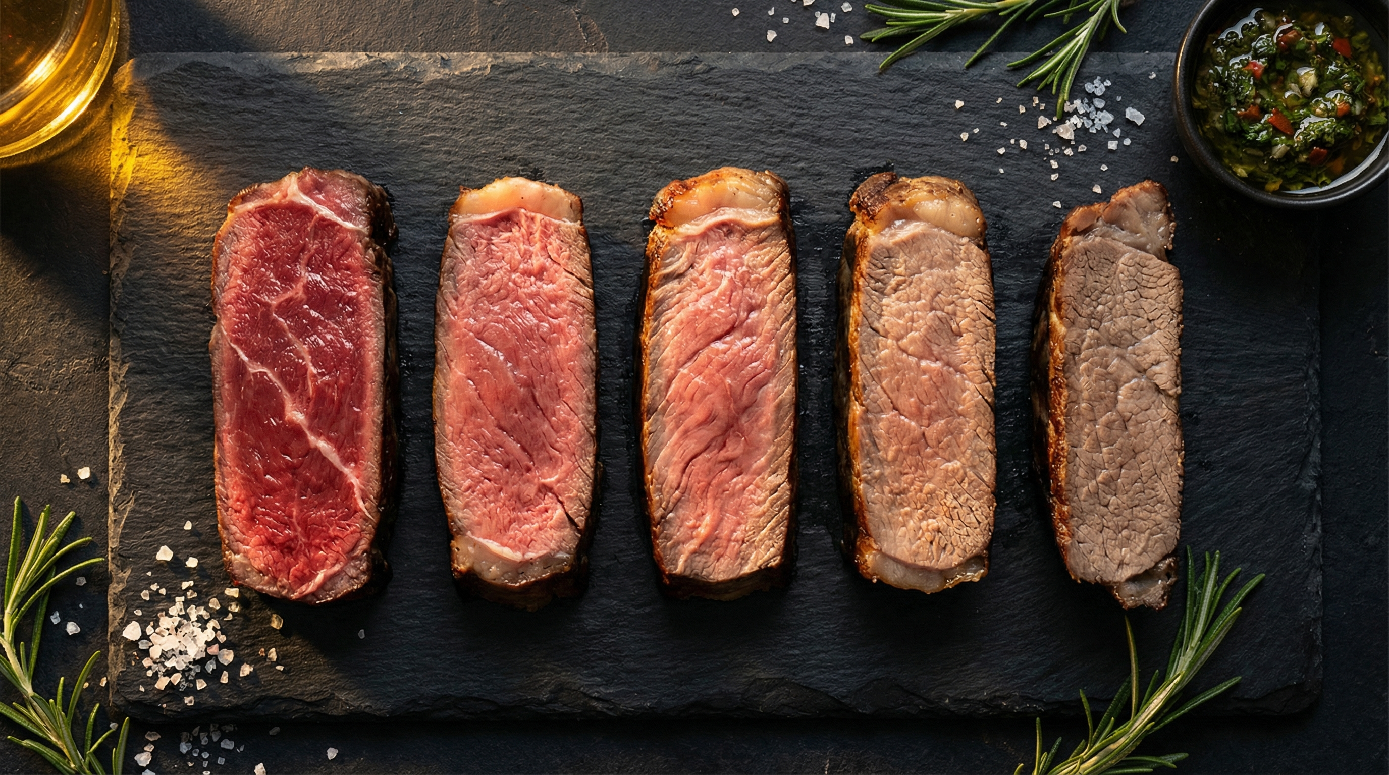 Five ribeye steaks sliced to show doneness levels from rare through well done on dark slate