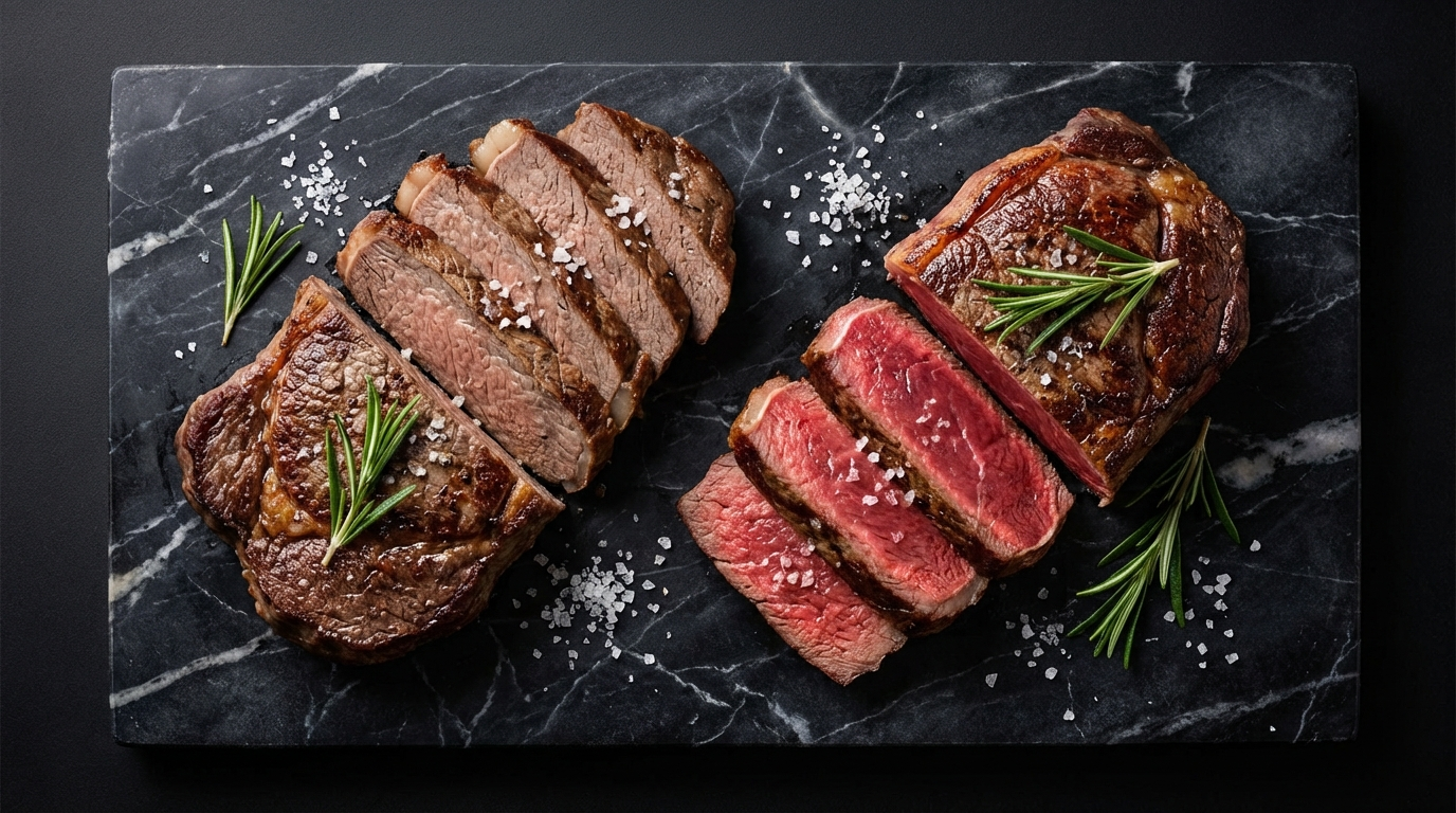 Side by side comparison of rare steak with bright red center and well-done steak with gray-brown interior