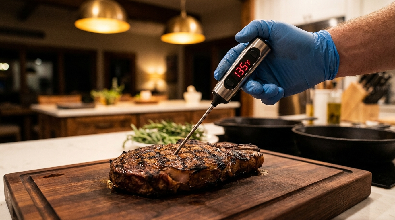 Hand holding instant-read thermometer inserted into thick grilled steak on dark cutting board