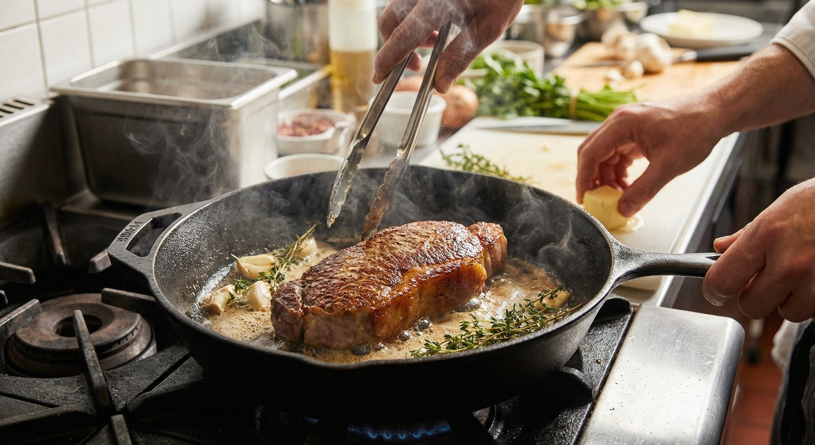 Strip steak being seared in a cast iron skillet with butter, garlic, and fresh thyme