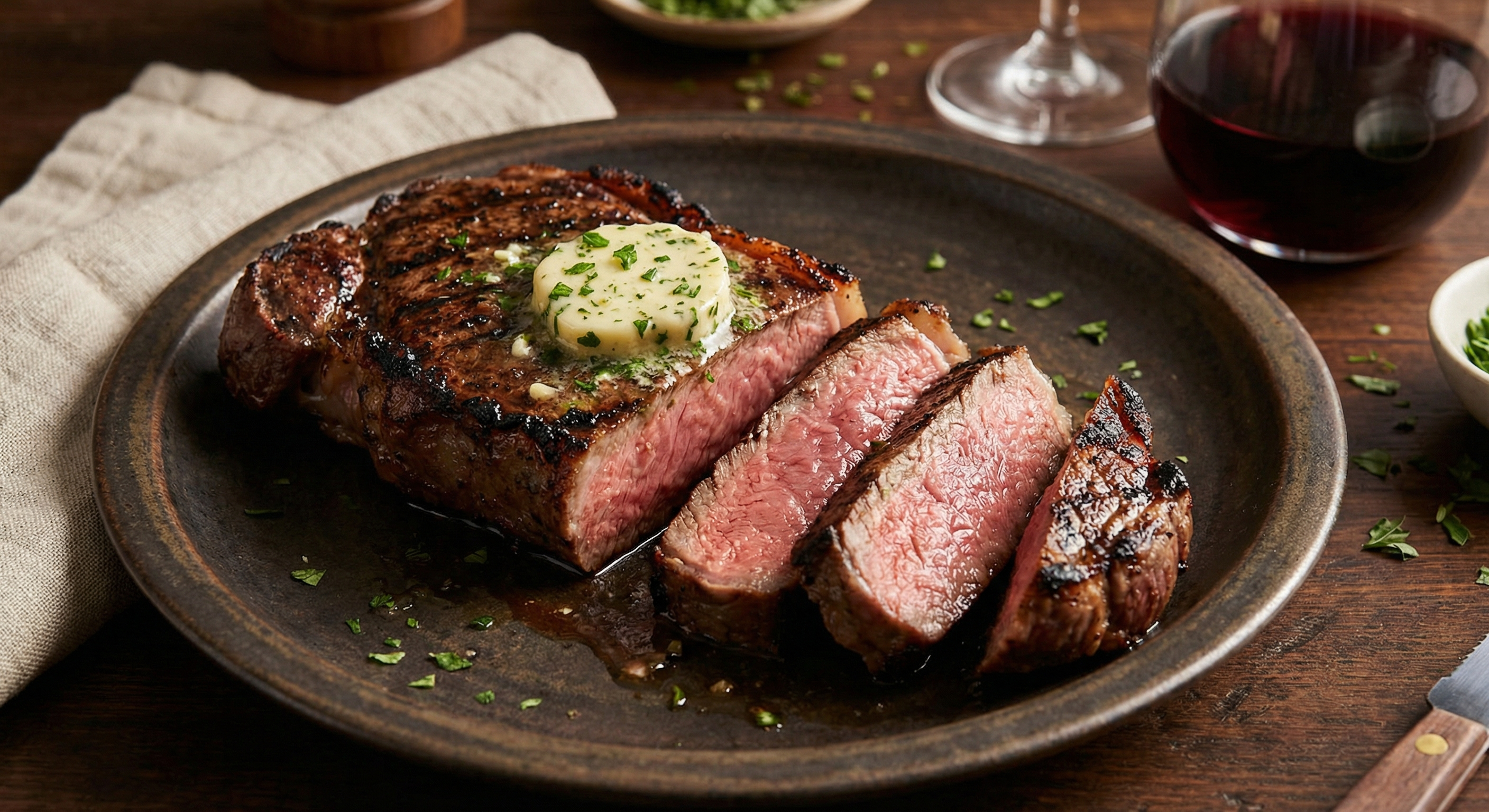 Grilled New York strip steak sliced against the grain showing perfect medium-rare doneness with compound herb butter